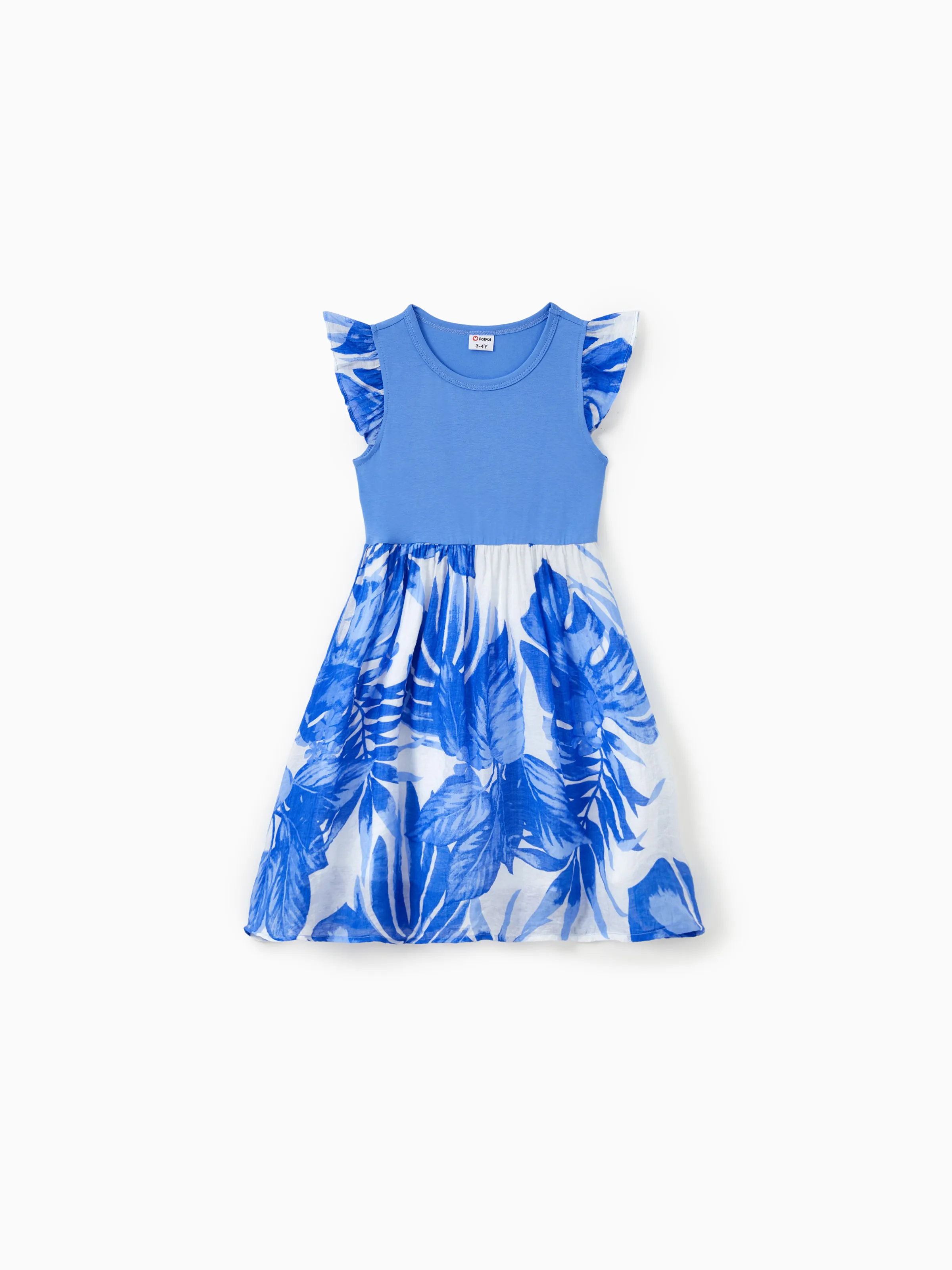 

Family Matching Sets Blue Tropical Floral Panel Tee or Ruffle Neck Cross Back High-Low Strap Dress