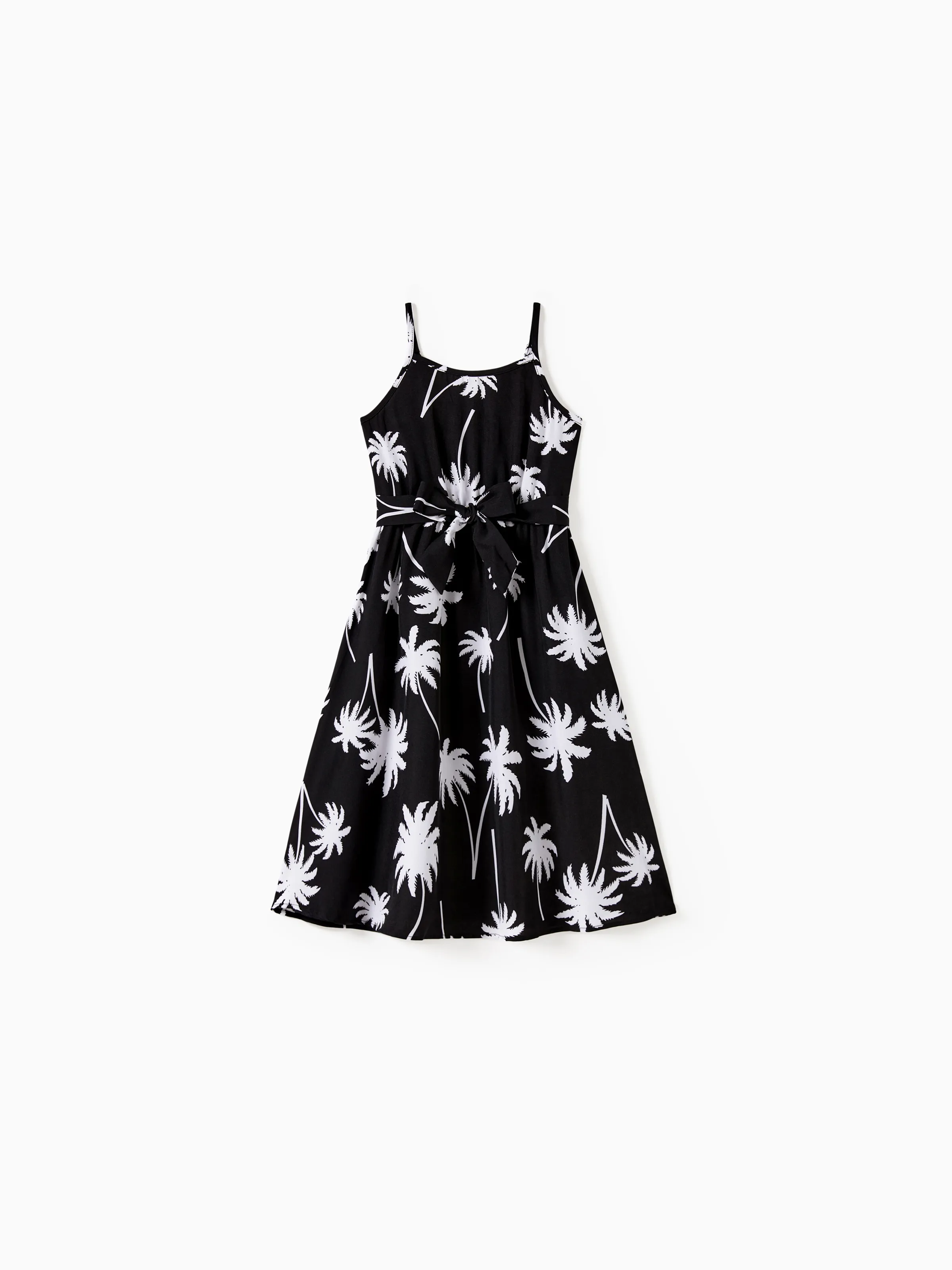 

Family Matching Sets Black Coconut Tree Pattern Beach Shirt and Belted Strap Midi Dress