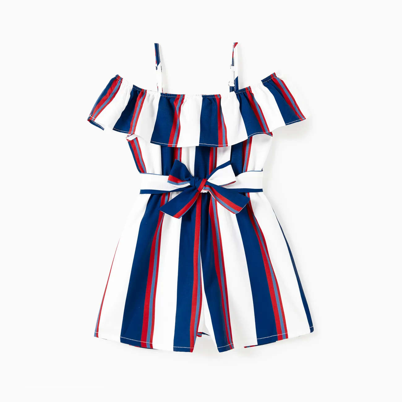 Mommy and Me Off Shoulder Ruffle Trim Vertical Stripe Romper