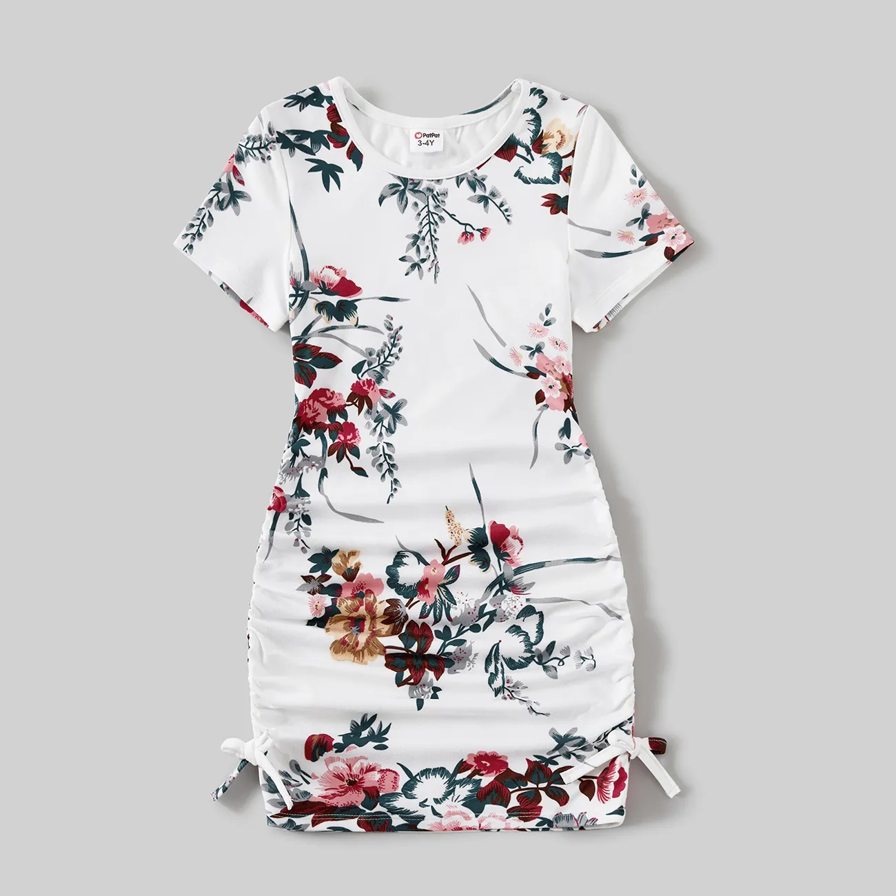 Family Matching All Over Floral Print Short-sleeve Drawstring Ruched Bodycon Dresses and Colorblock Short-sleeve T-shirts Sets