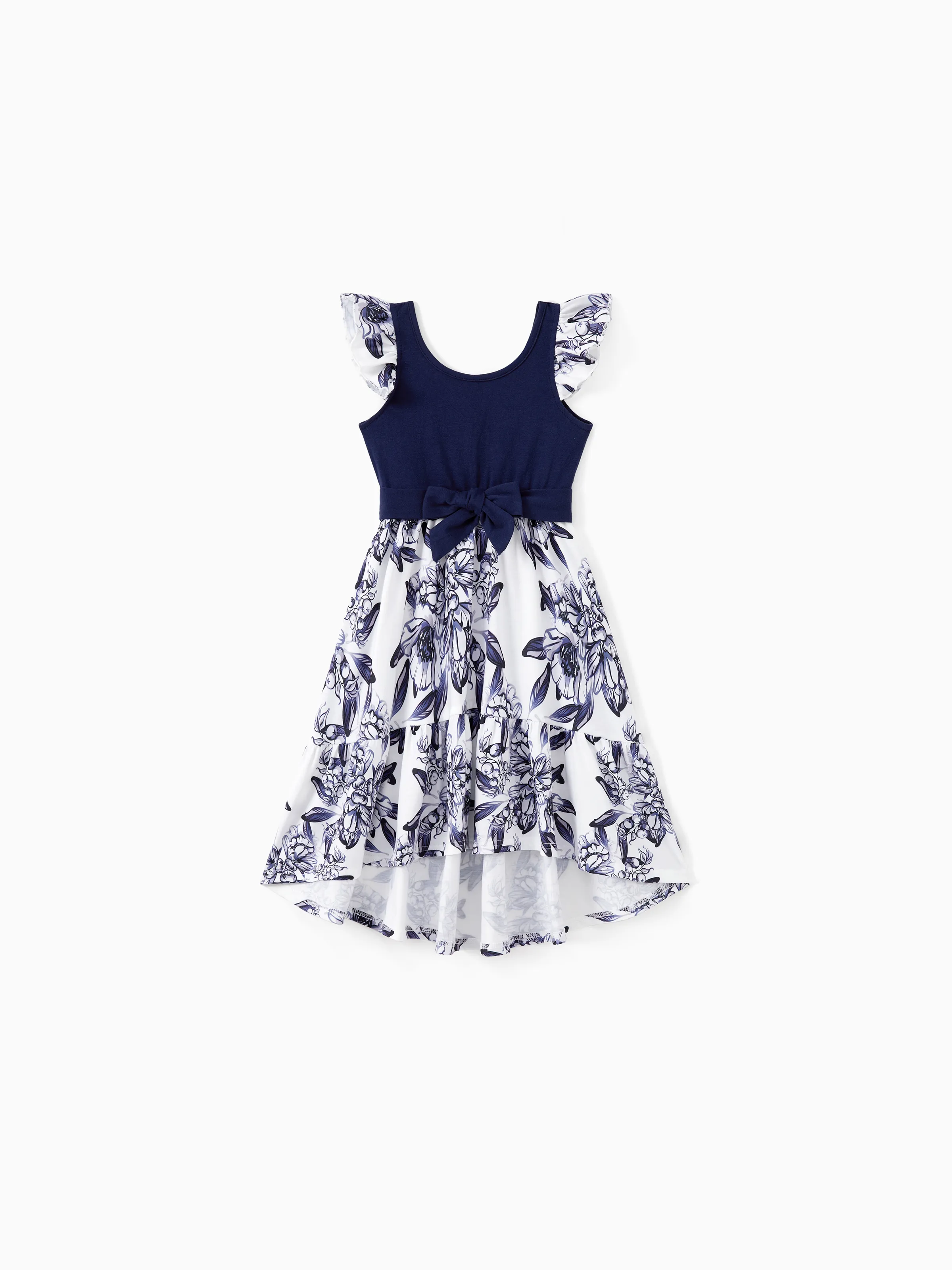 

Family Matching Sets Color Block Tee or Faux Button Navy Blue Top Spliced Floral High-Low Ruffle Hemline Dress