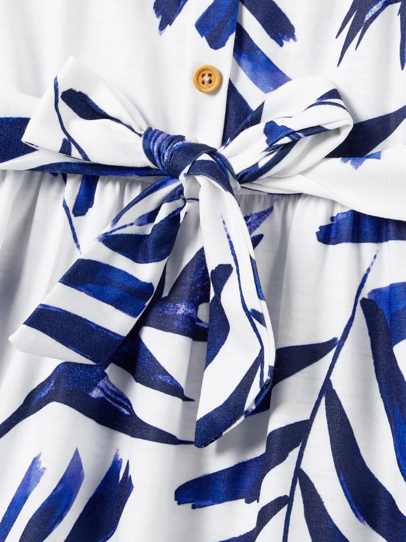 Girl - Family Matching Modern Blue and White Botanical Leaf Design Button Strap Dress and Color Block Tee Sets - royalblue - image 7