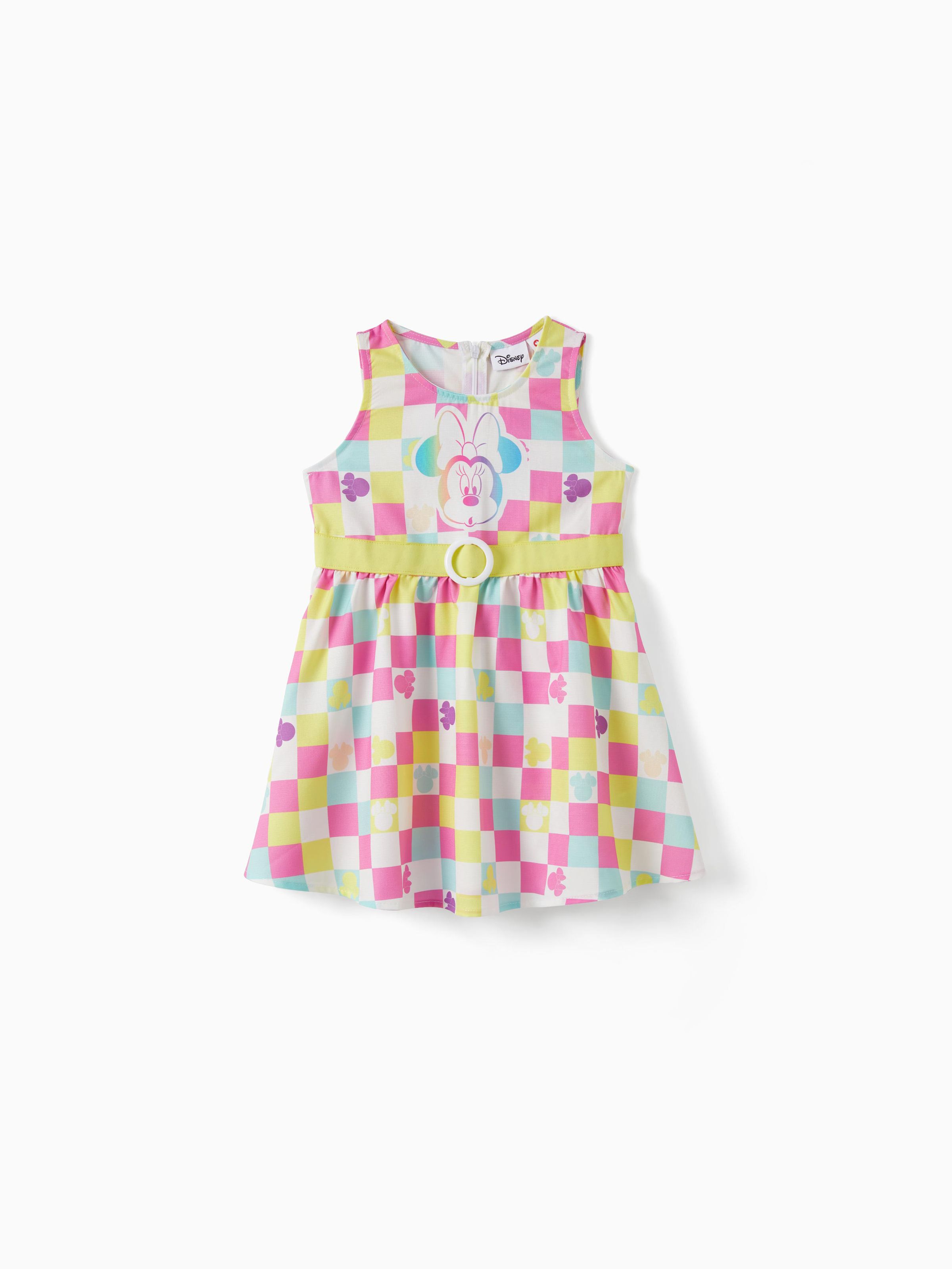 

Disney Mickey and Friends Mommy and Me Checkered Minnie Print Sleeveless Dress with Belt