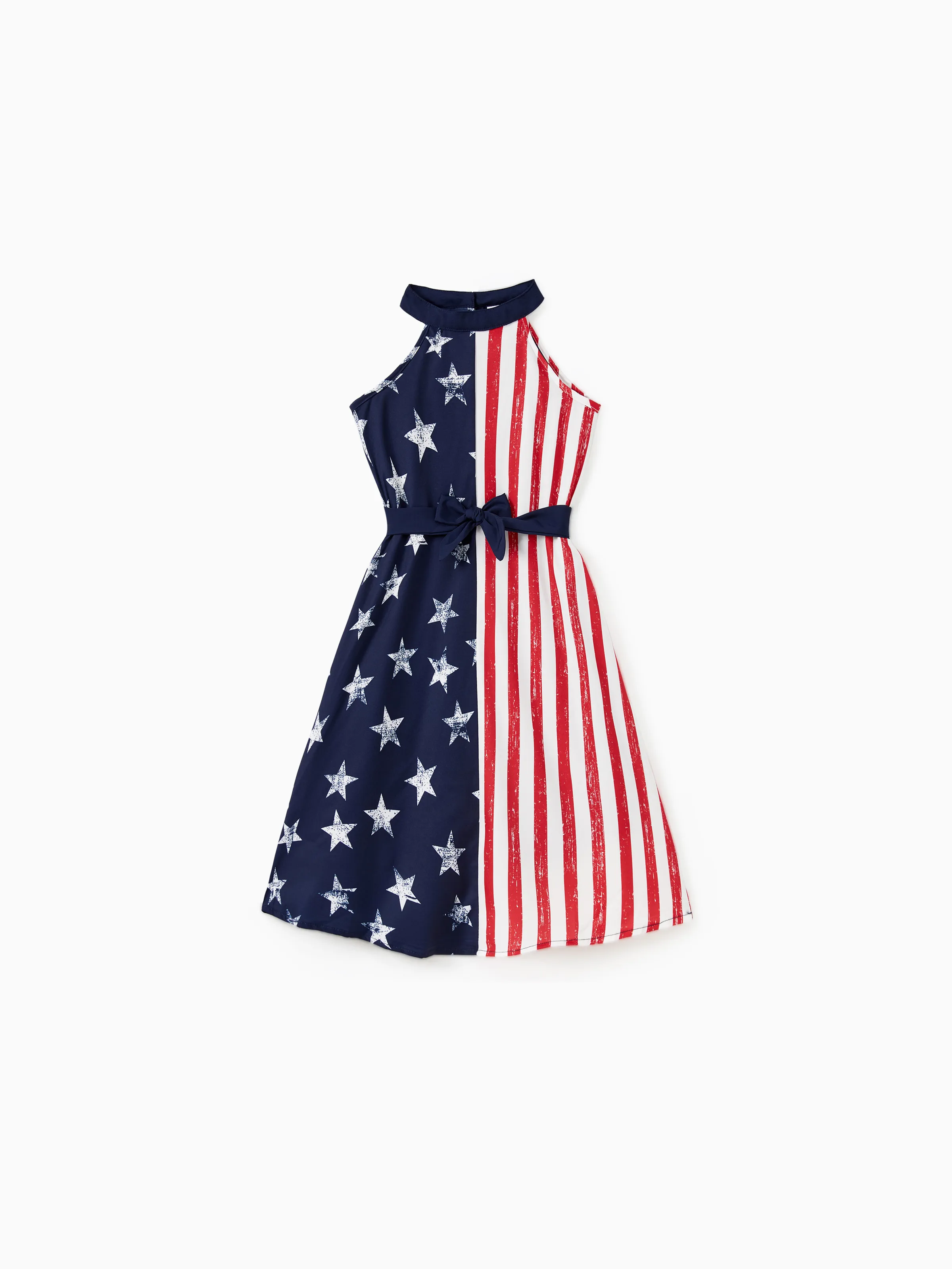 

Independence Day Family Matching American Flag Print Shirt and High Neck Halter Sleeveless Belted Midi Dress Sets