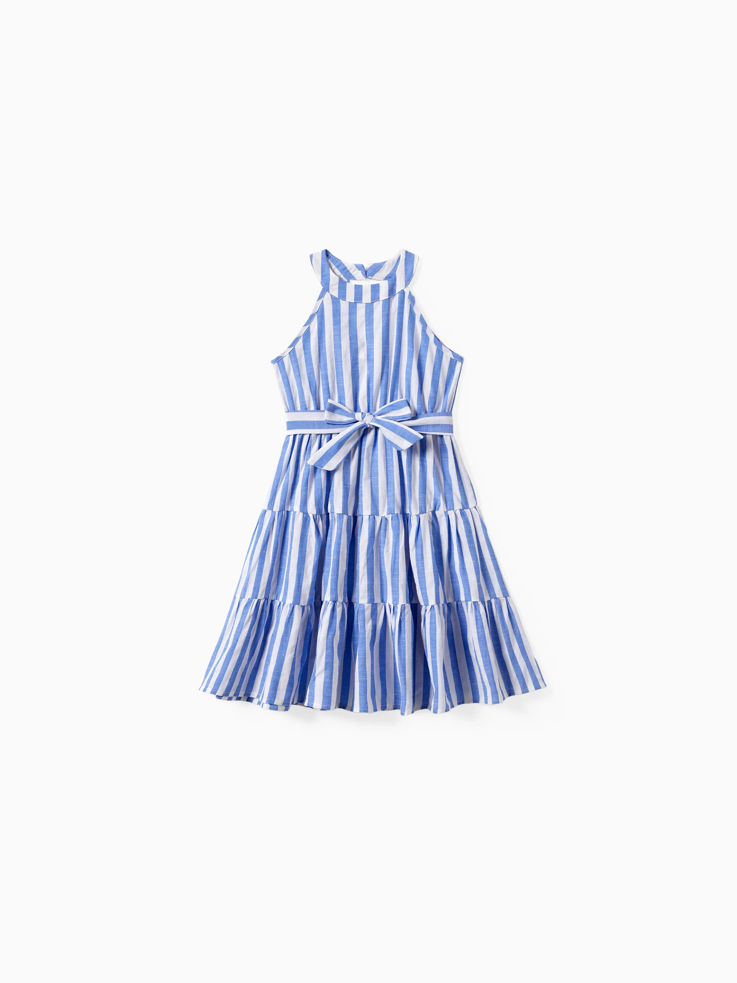 

Family Matching Stripe Shirt and High Neck Halter Tiered Tassel Trim Dress Sets