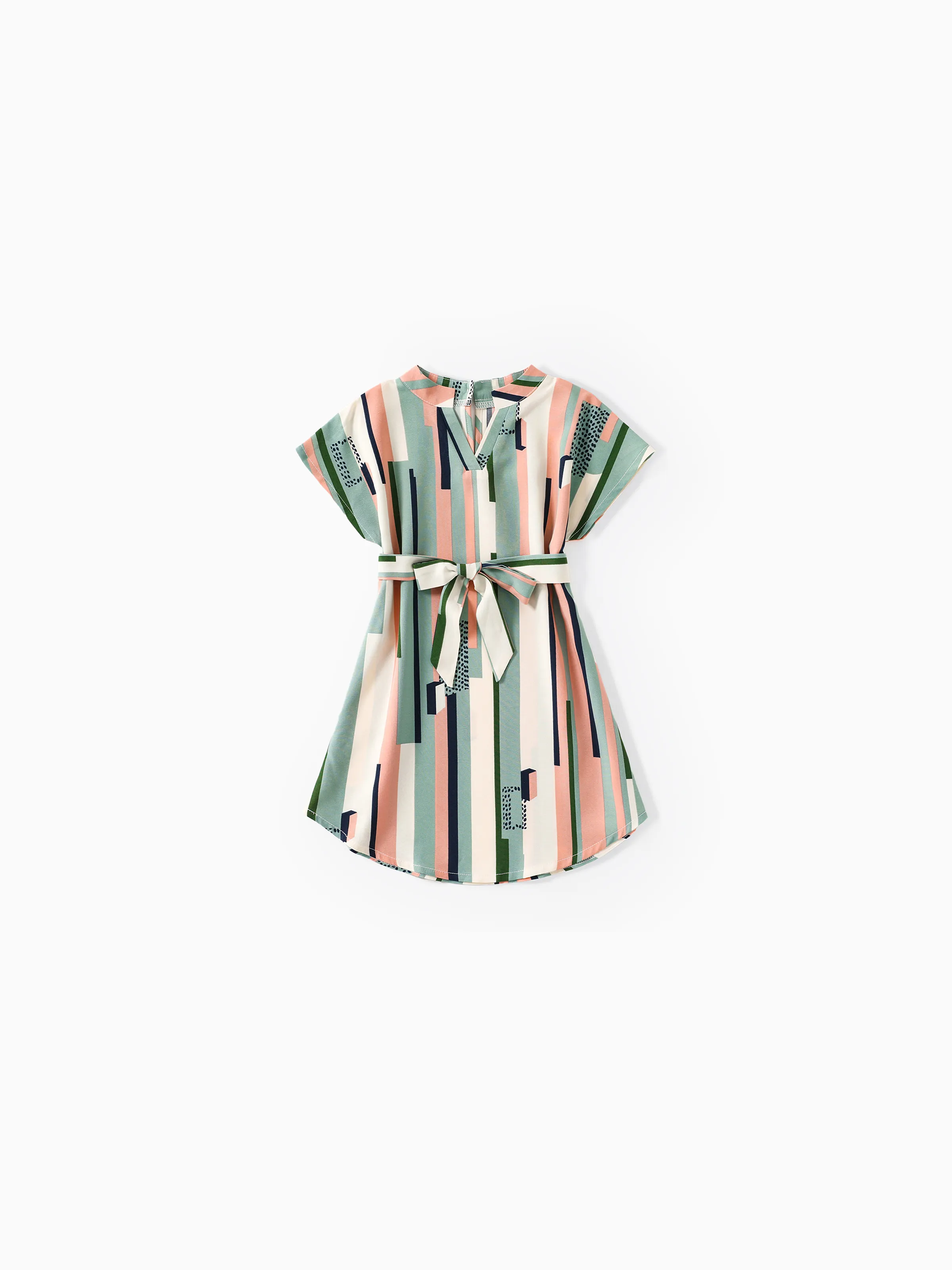 

Family Matching Geometric Striped V Neck Drop Shoulder Belted Dresses and Colorblock Short-sleeve T-shirts Sets