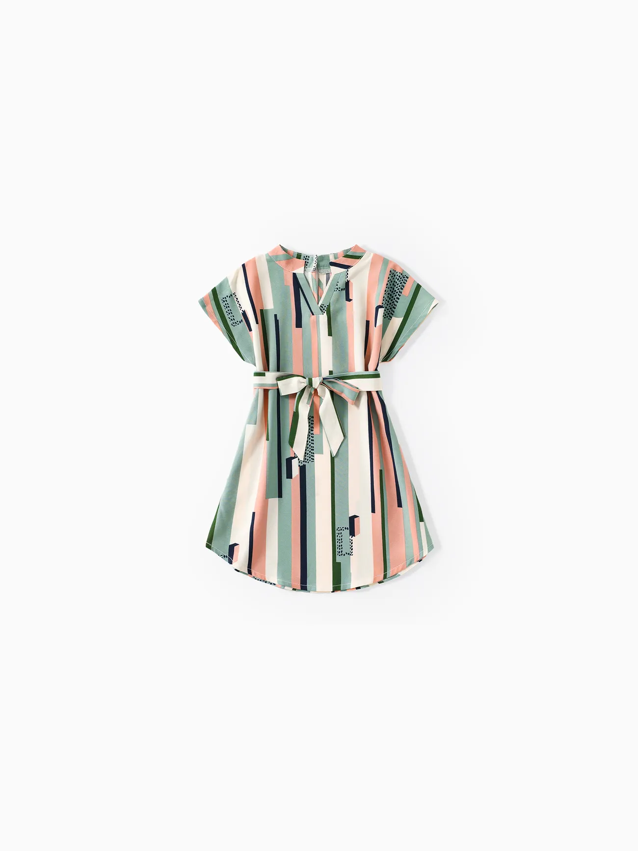 

Family Matching Geometric Striped V Neck Drop Shoulder Belted Dresses and Colorblock Short-sleeve T-shirts Sets