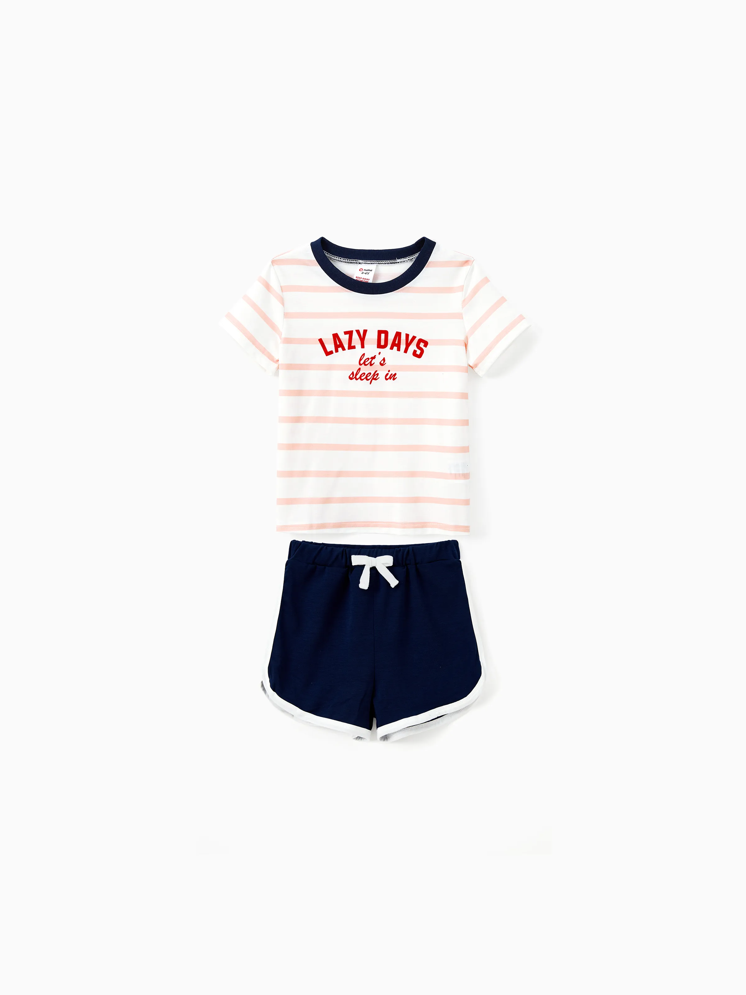 

Family Matching Pajamas Sets Preppy Style Striped Slogan Print Crew Neck Top and Navy Blue Drawstring Shorts