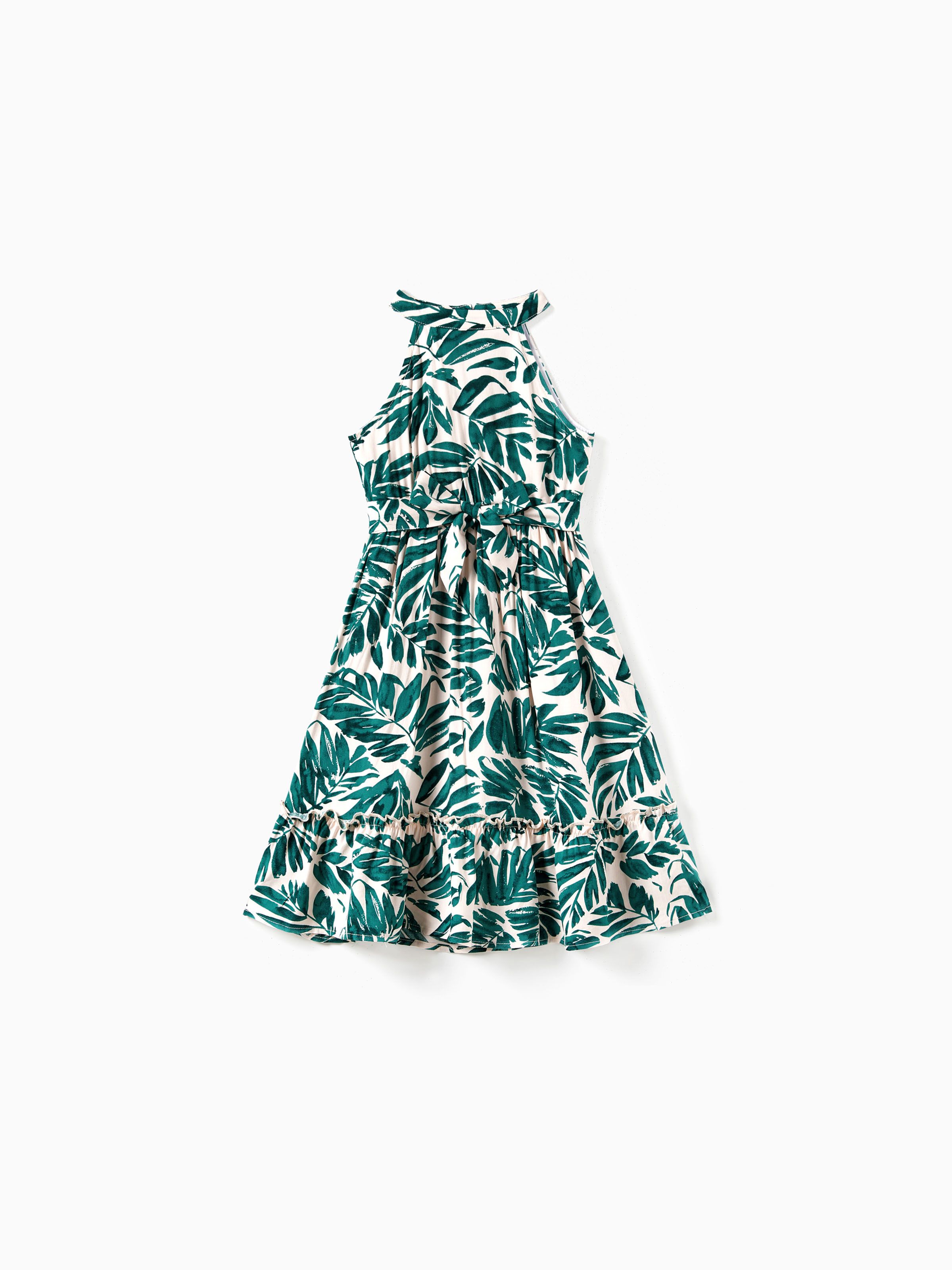

Family Matching Leaf Print Beach Shirt and High Neck Halter Belt Maxi Dress Sets