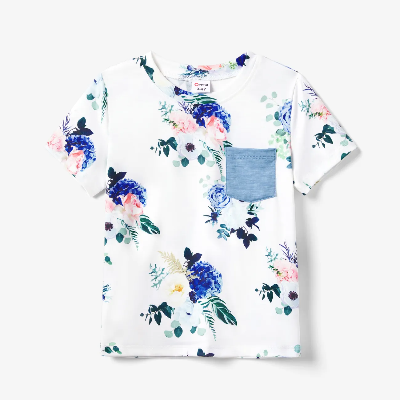 Family Matching Floral Colorblock T-Shirt and Quarter Button Belted Spliced A-Line Dress Sets