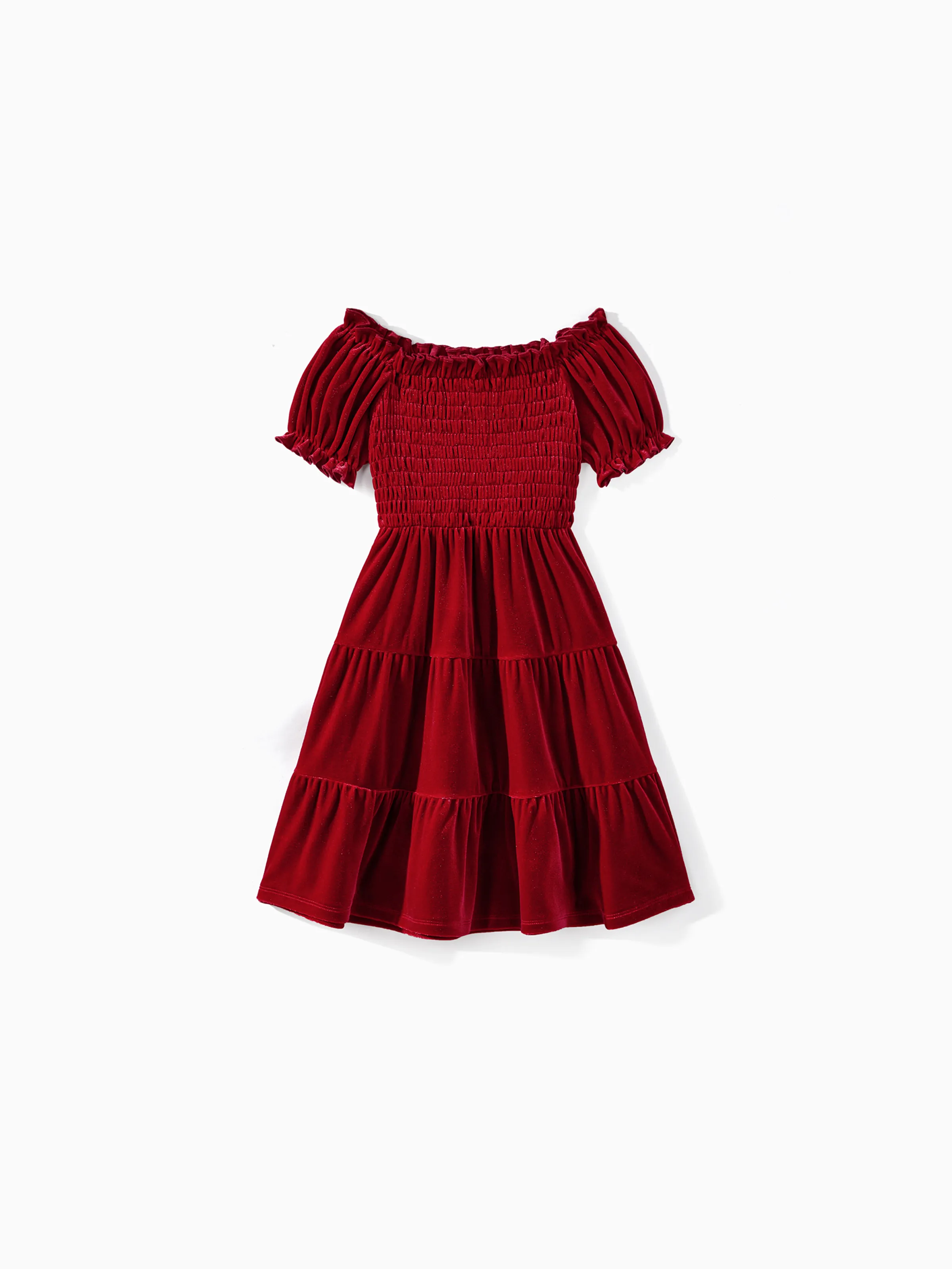 

Family Matching Solid Shirred Tiered Velet Dresses and Short-sleeve Colorblock Shirts Sets