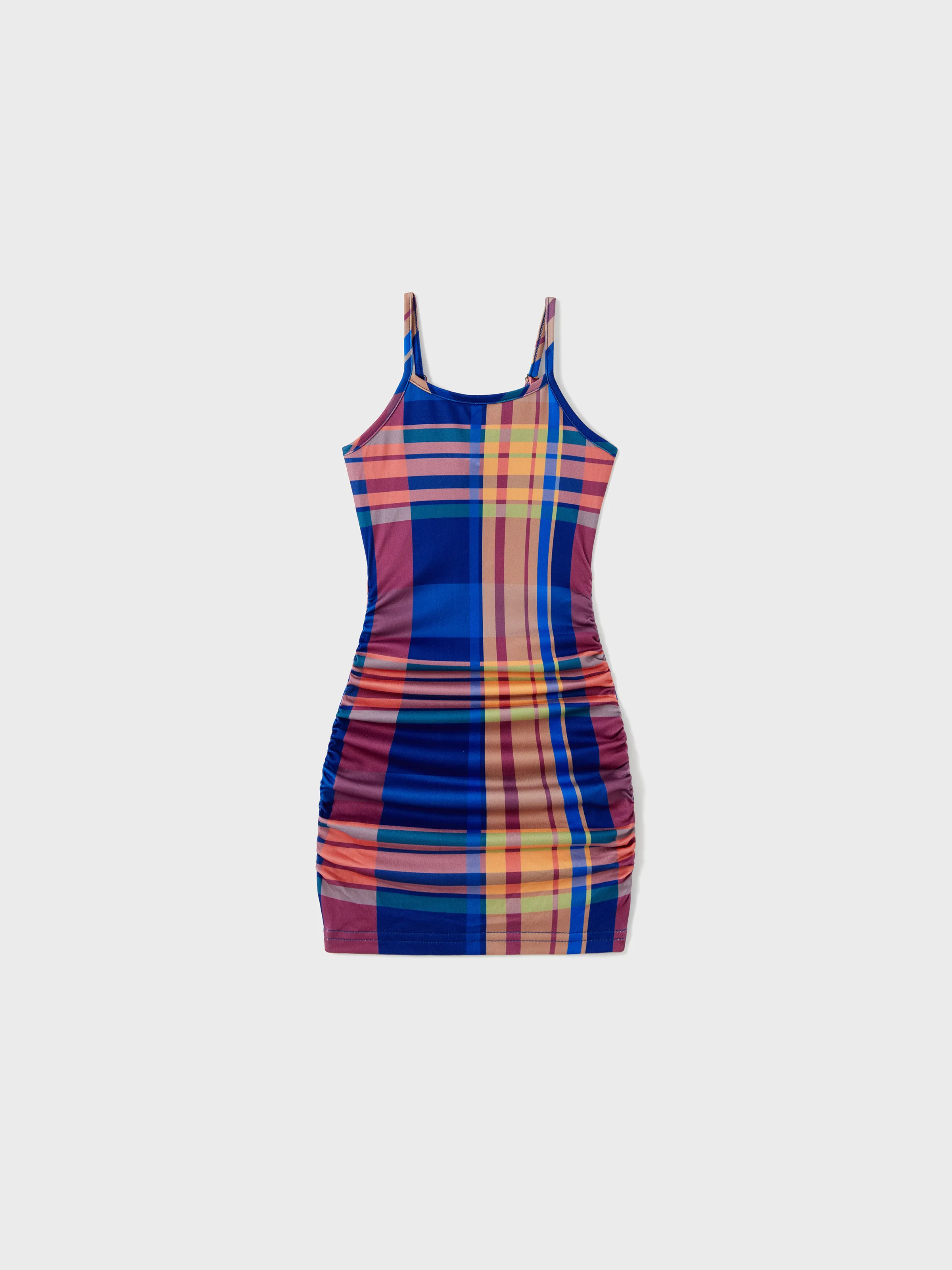 

Family Matching Sets Preppy Style Plaid Panel Tee or Ruched Design Drawstring Side Bodycon Strap Dress