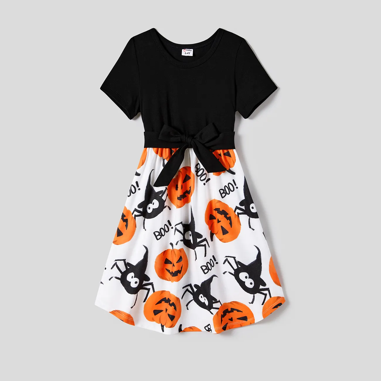 Halloween Family Matching Pumpkin Print Dresses and Short Sleeve Colorblock Tops Sets