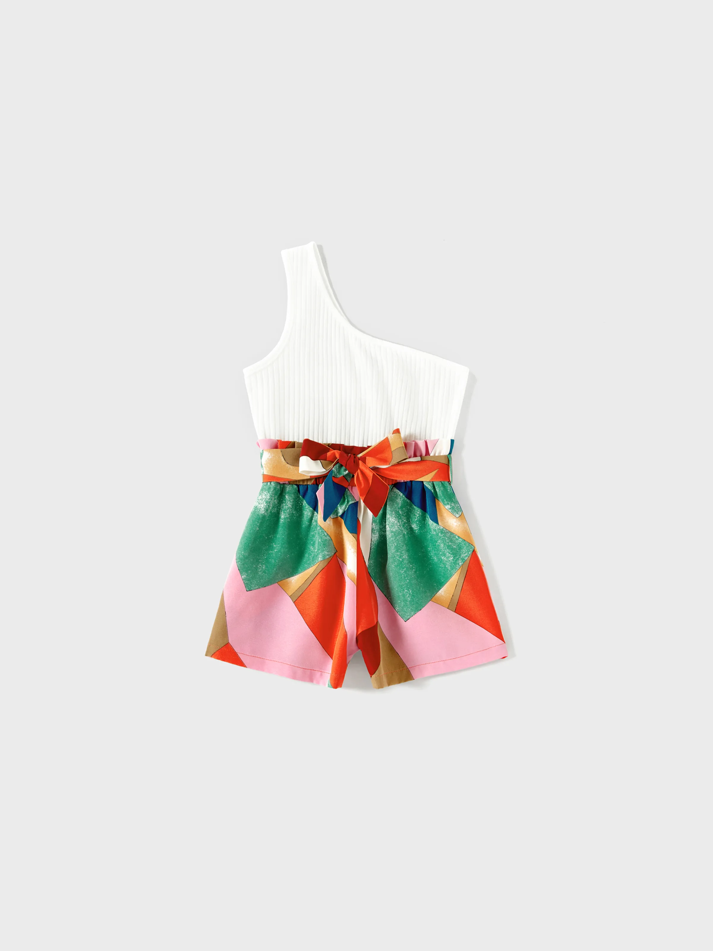 

Mommy and Me Cotton Solid & Print Spliced One Shoulder Sleeveless Belted Romper Shorts