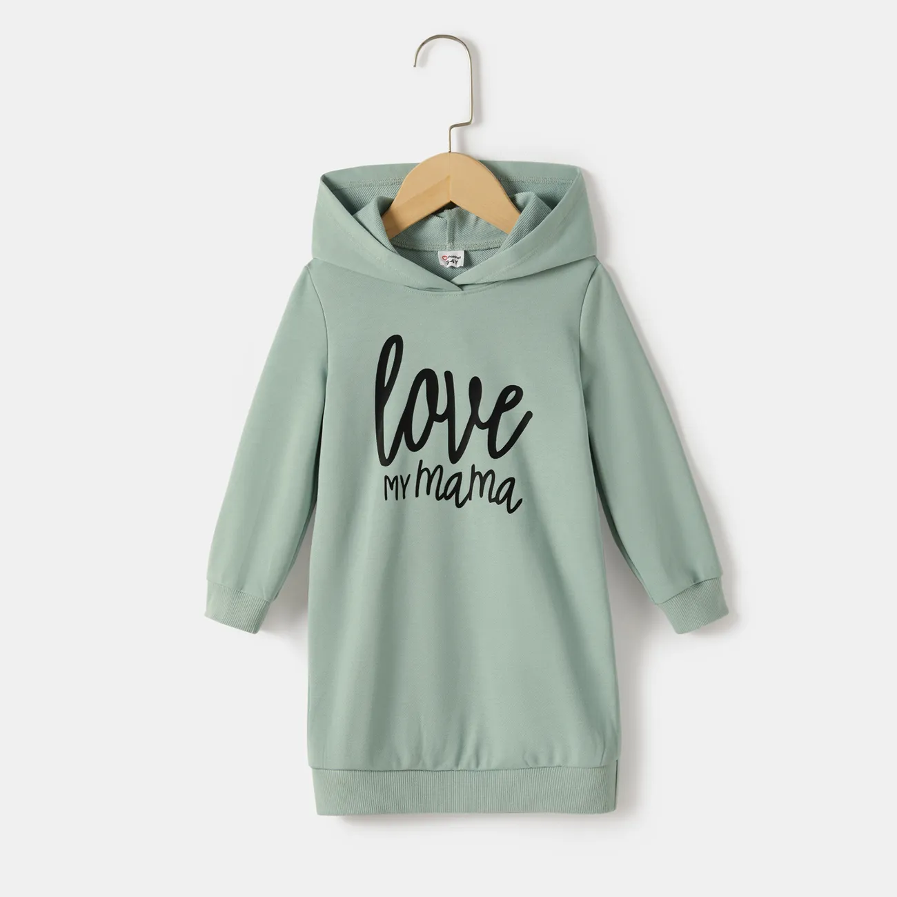 Mommy and Me Letter Print Green Long-sleeve Hoodie Dresses