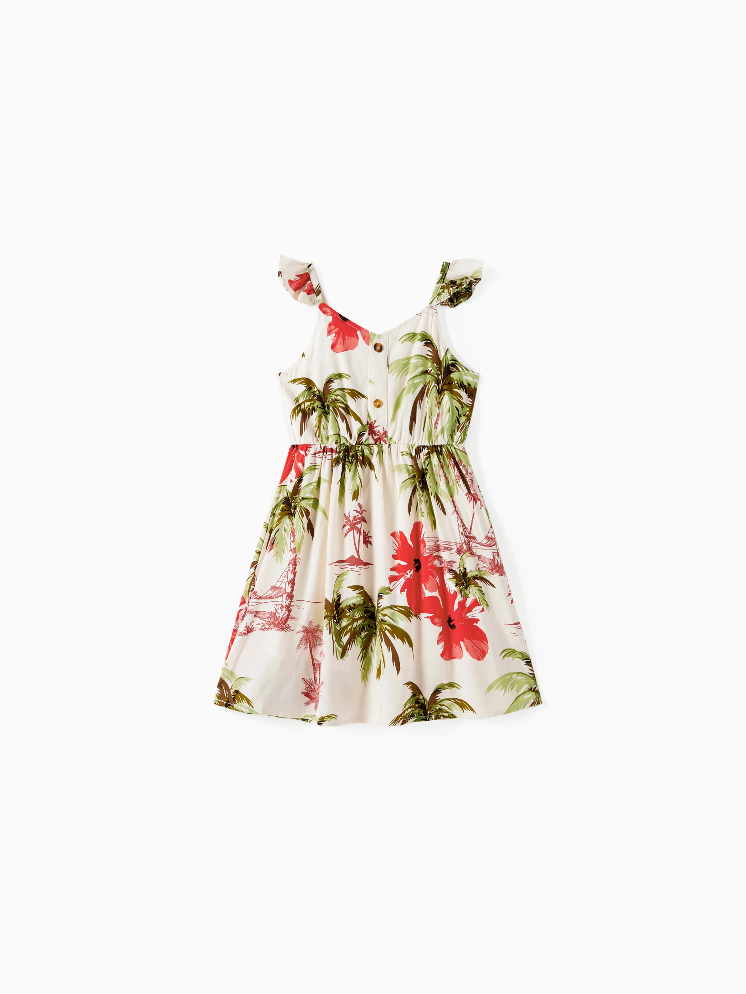 

Family Matching Tropical Floral Beach Shirt and Button Strap Midi Dress Sets