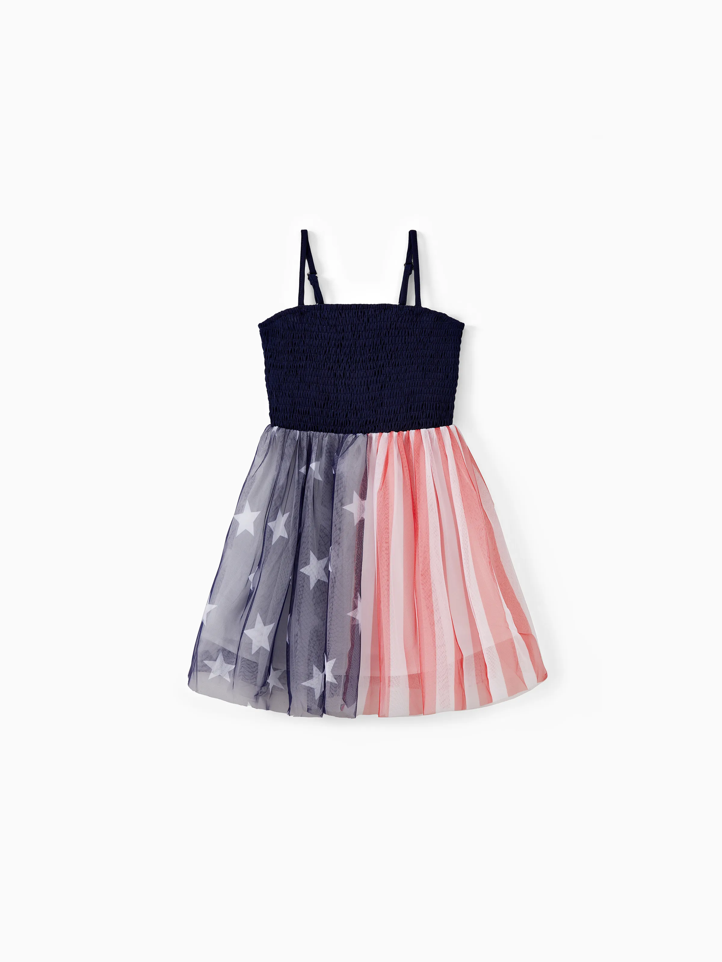 

Independence Day Family Matching American Flag Print Vacation Shirt and Shirred Black Top Spliced Tulle Dress Sets