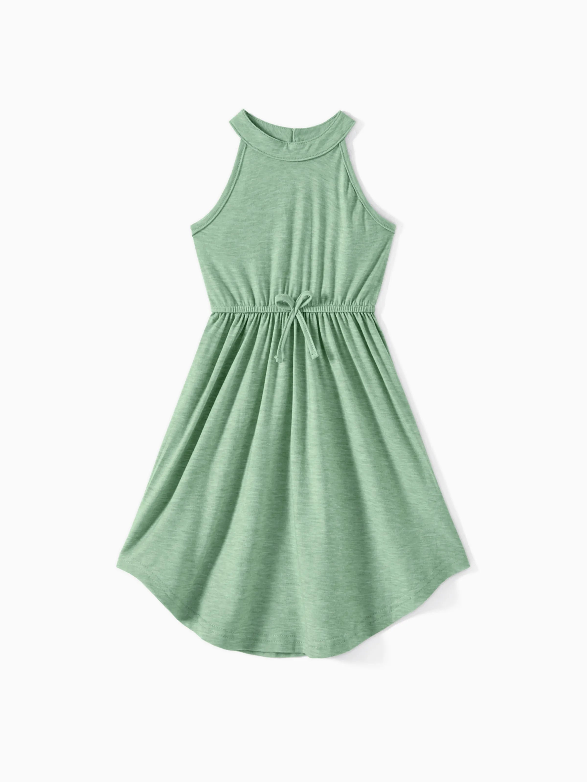 

Family Matching Green Halter Neck Sleeveless Drawstring Dresses and Striped Splicing Short-sleeve T-shirts Sets