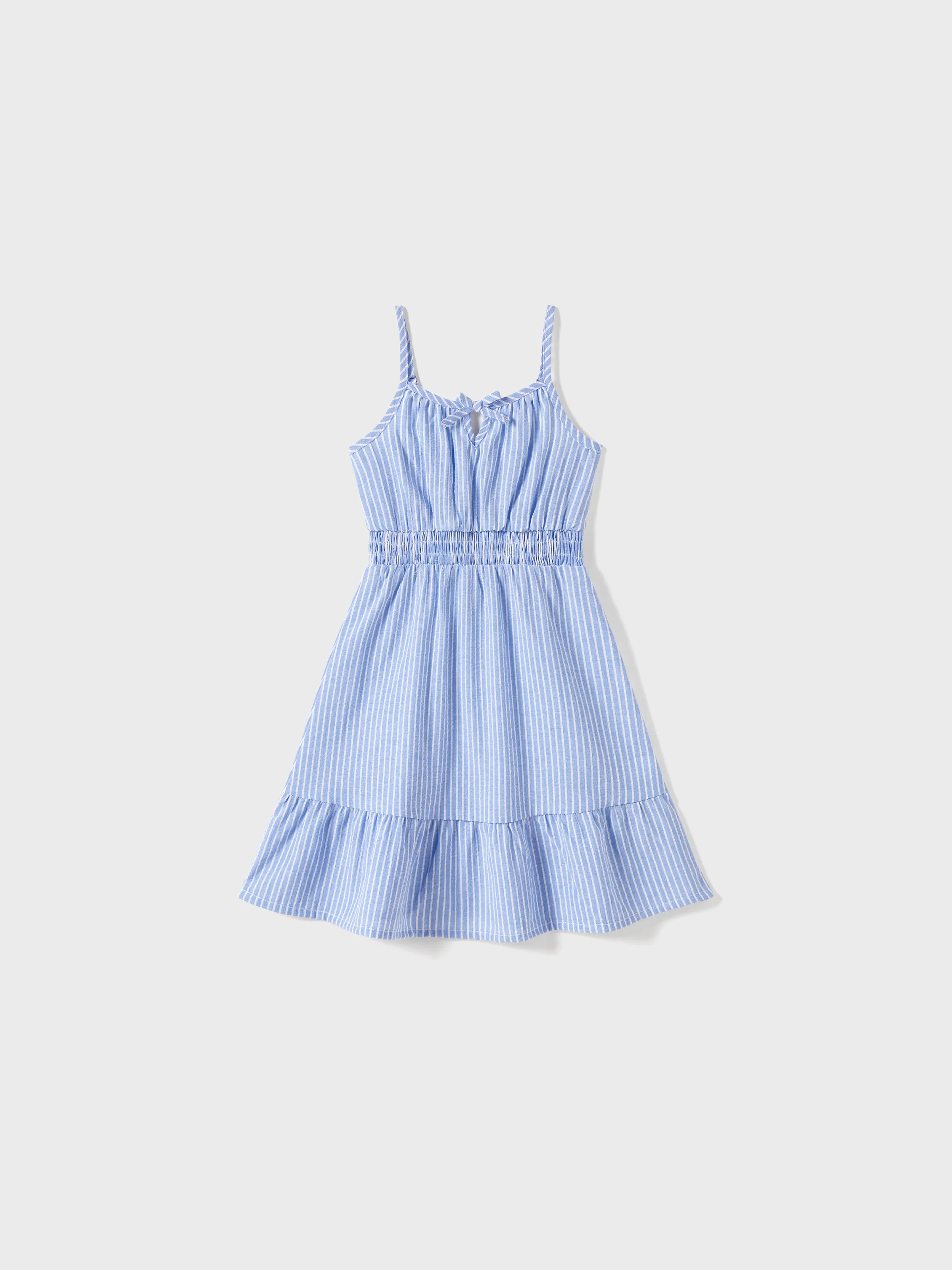 

Family Matching Blue Stripe Panel Polo Shirt and Tie Neck Shirred Waist Stripe Strap Dress Sets