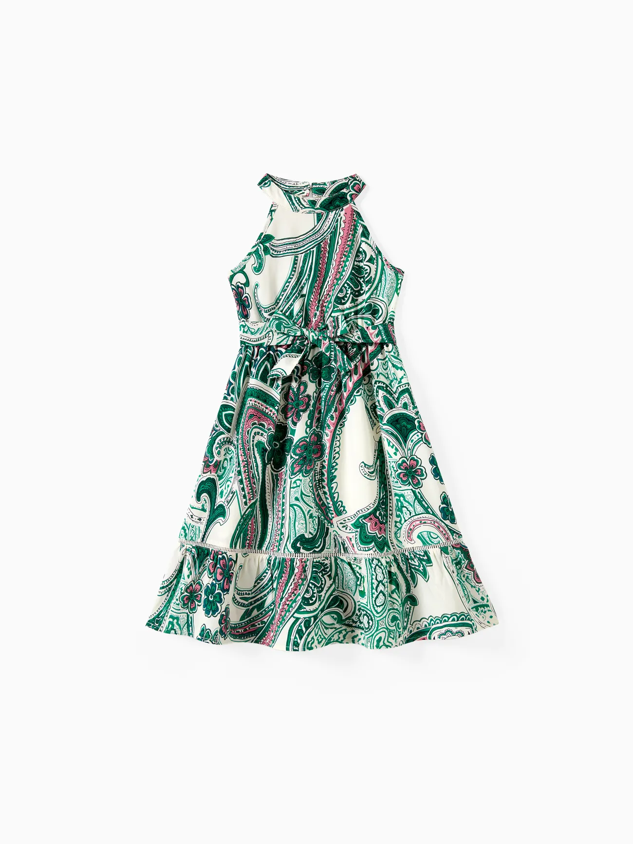 Girl - Family Matching Sets Color Block Polo Shirt or High Neck Halter Ruffle Hem Boho Dress - Green - image 7