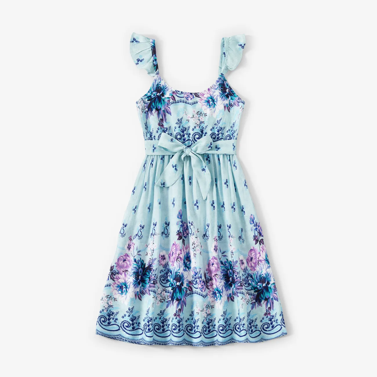 Family Matching Light Blue Tee and Flowy Floral Shirred Back Belted Strap Dress
