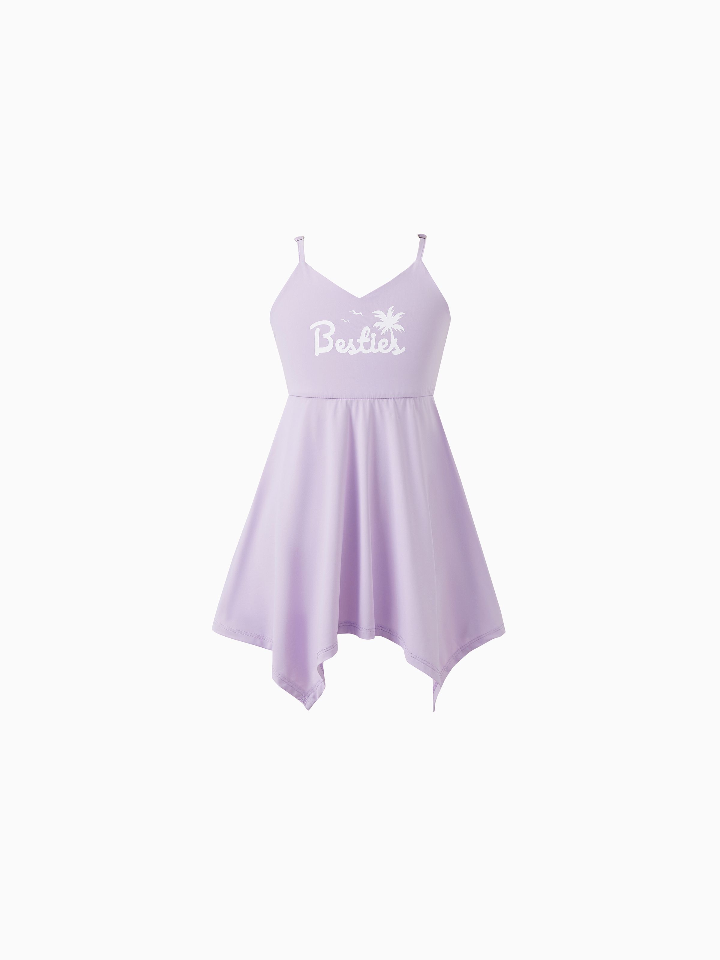 

Quick-Dry Mommy and Me Light Purple Besties Slogan Coconut Tree Print Irregular Hem Strap Dress