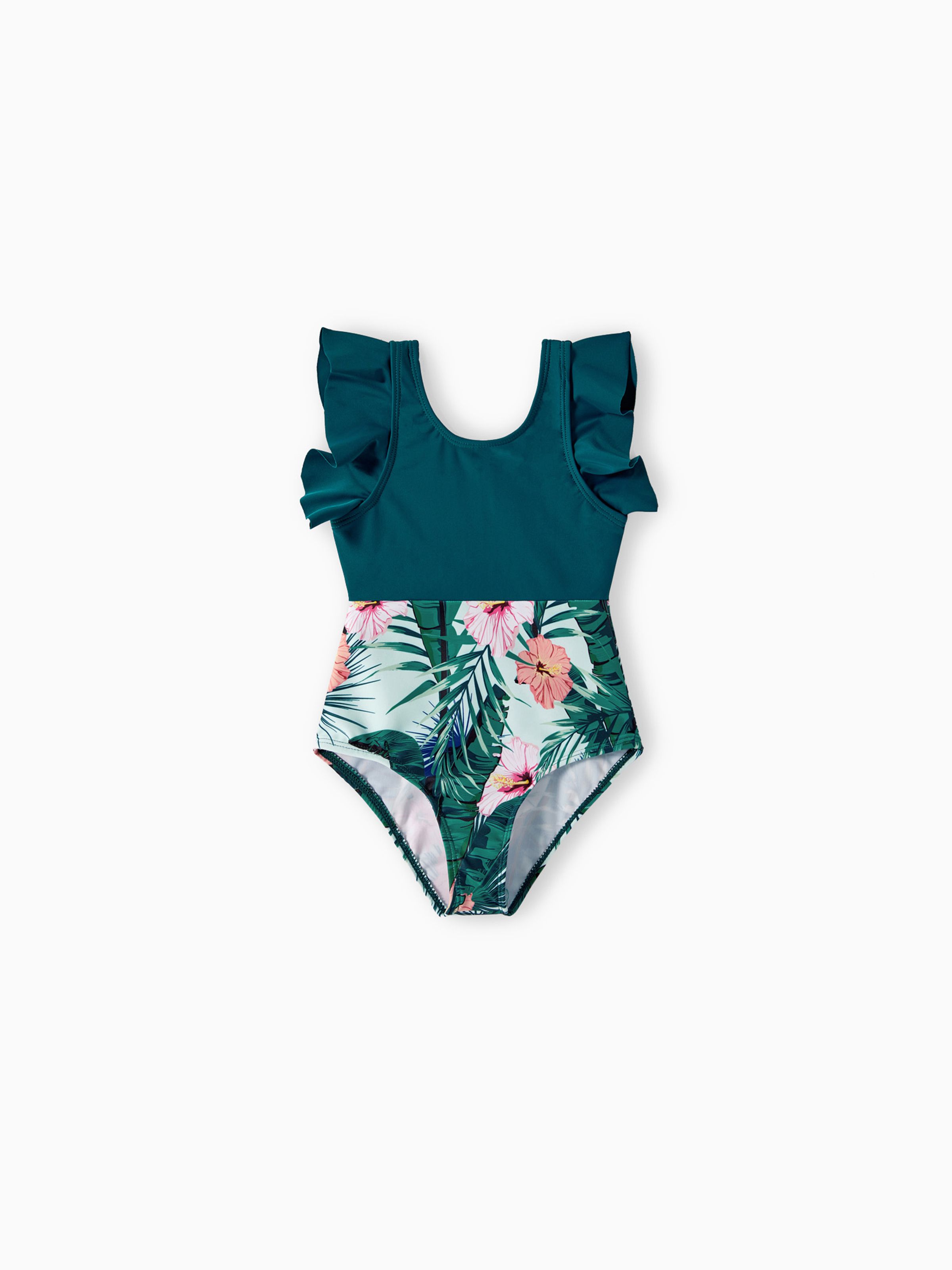 

Family Matching Plant Print Ruffle Trim Spliced One-piece Swimsuit or Swim Trunks
