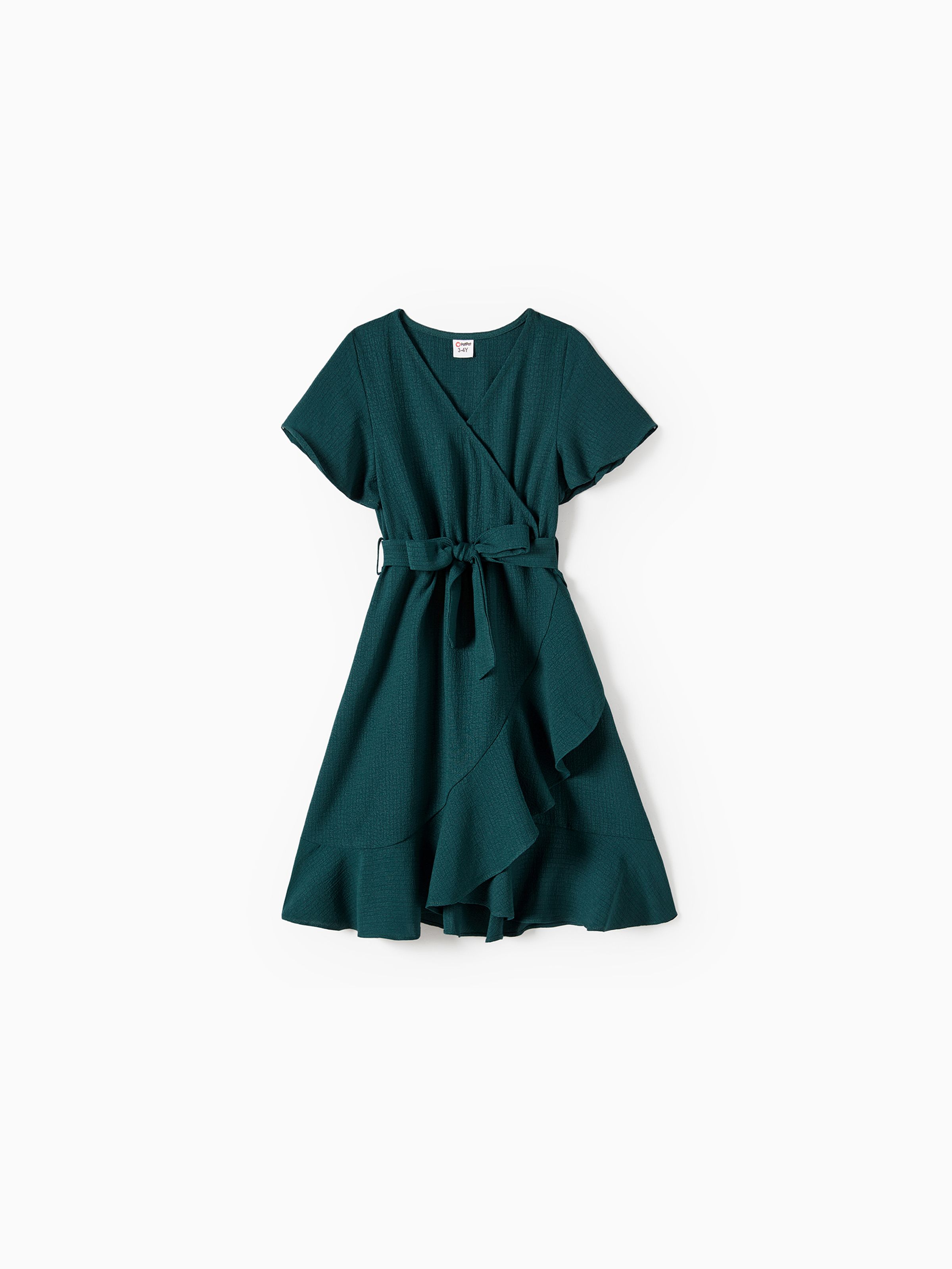 

Family Matching Green Solid Color V-neck Belted Dresses And Color Block Short-Sleeved Tops Sets