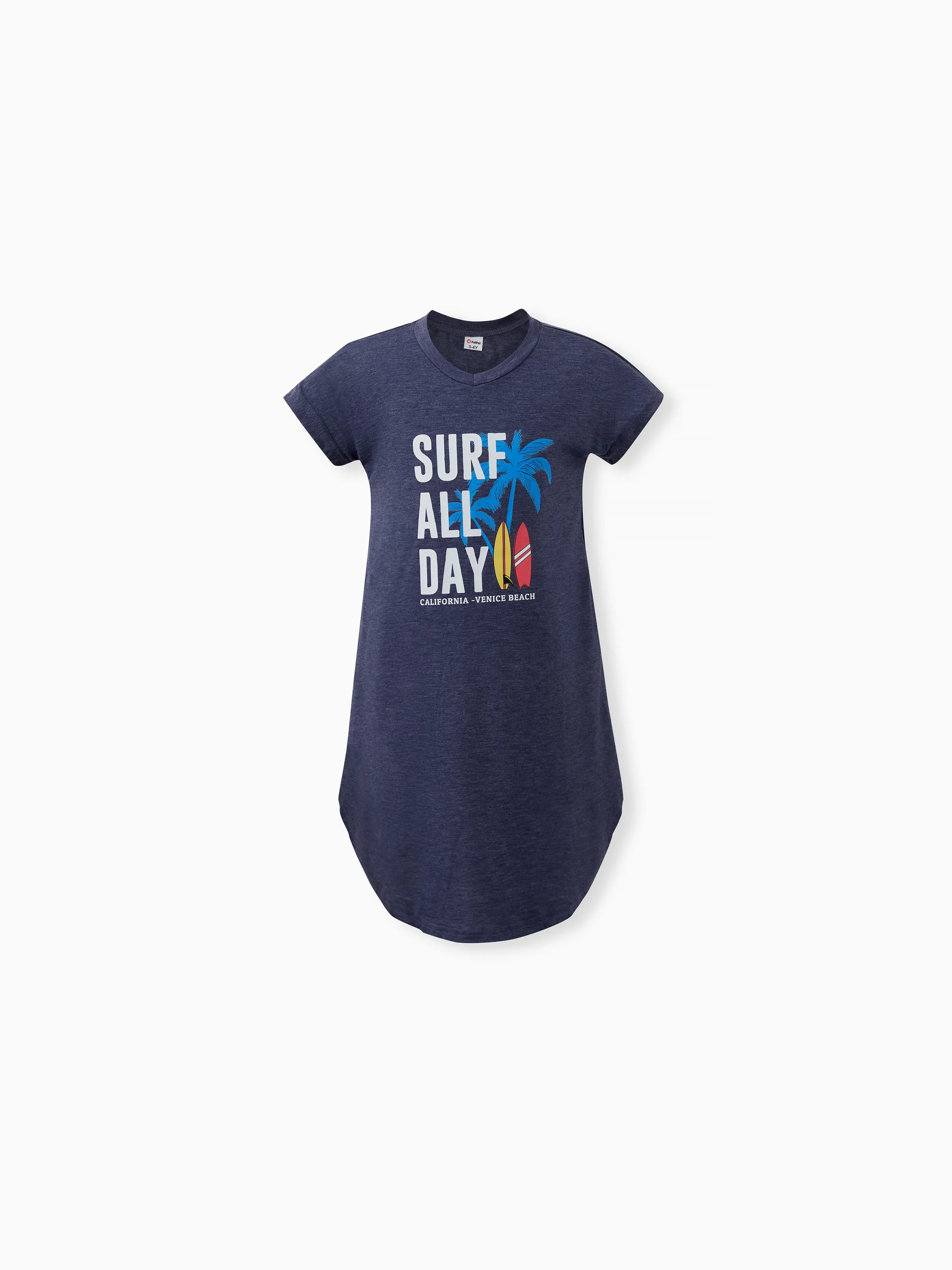 

Family Matching Sets Deep Blue Coconut Tree and Slogan Printed Tee or Short Sleeves A-Line Dress With Pockets