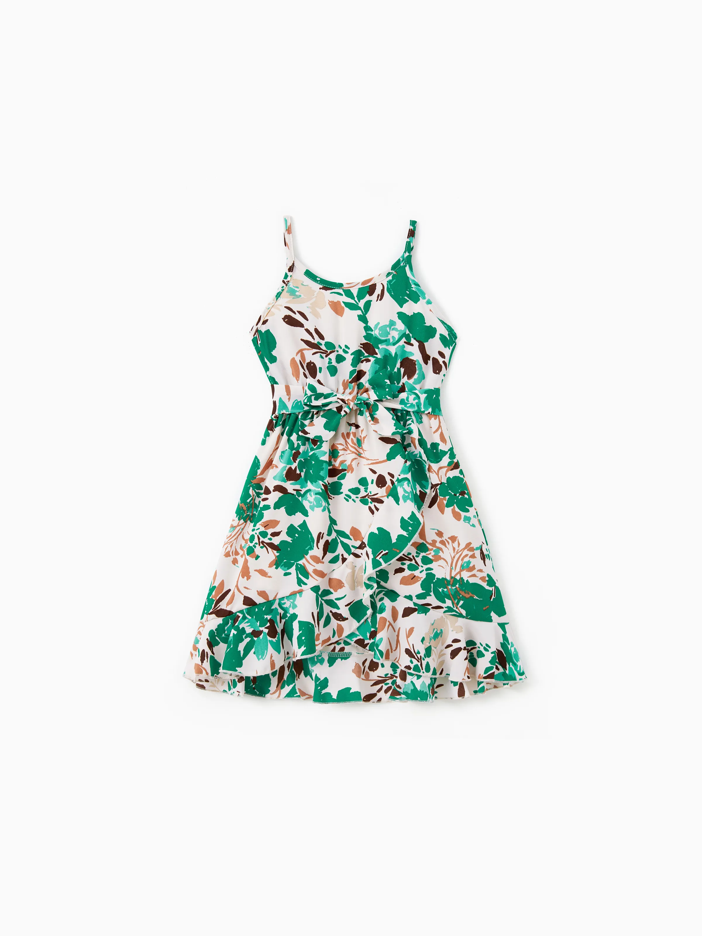 

Family Matching Sets Green Solid Color Tee or Floral Pattern Wrap Bottom Strap Dress with Hidden Snap Button