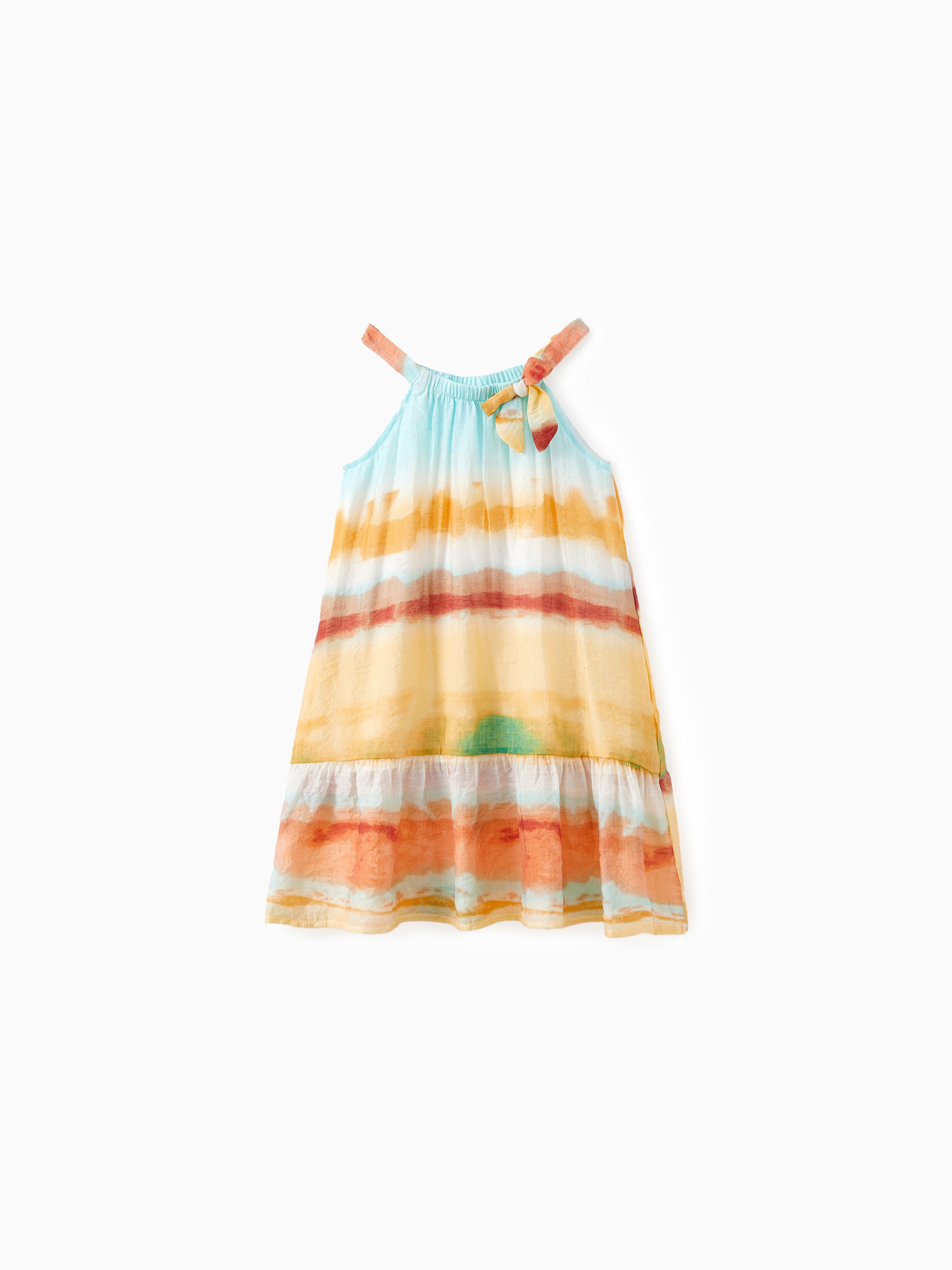 

Family Matching Sets Rainbow Striped Tie-Dye Shirt or Flowy Ruffle Hem Halter Dress