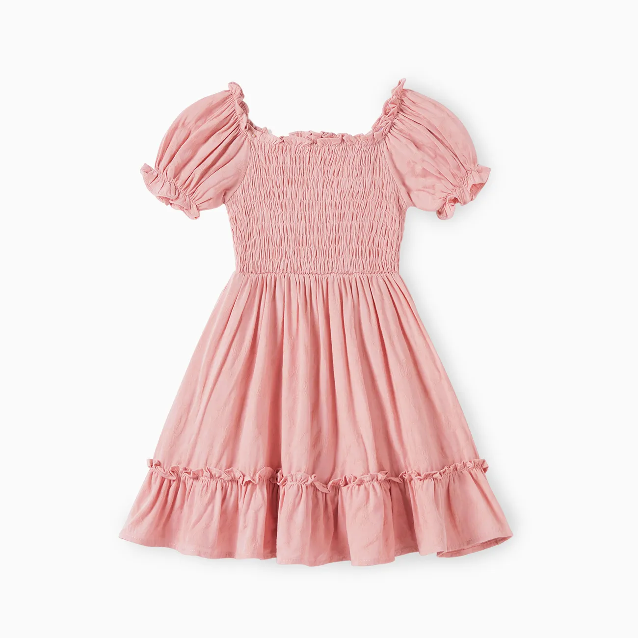Family Matching Color Block Polo Shirt and Pink Shirred Top Bubble Sleeves Dress Sets