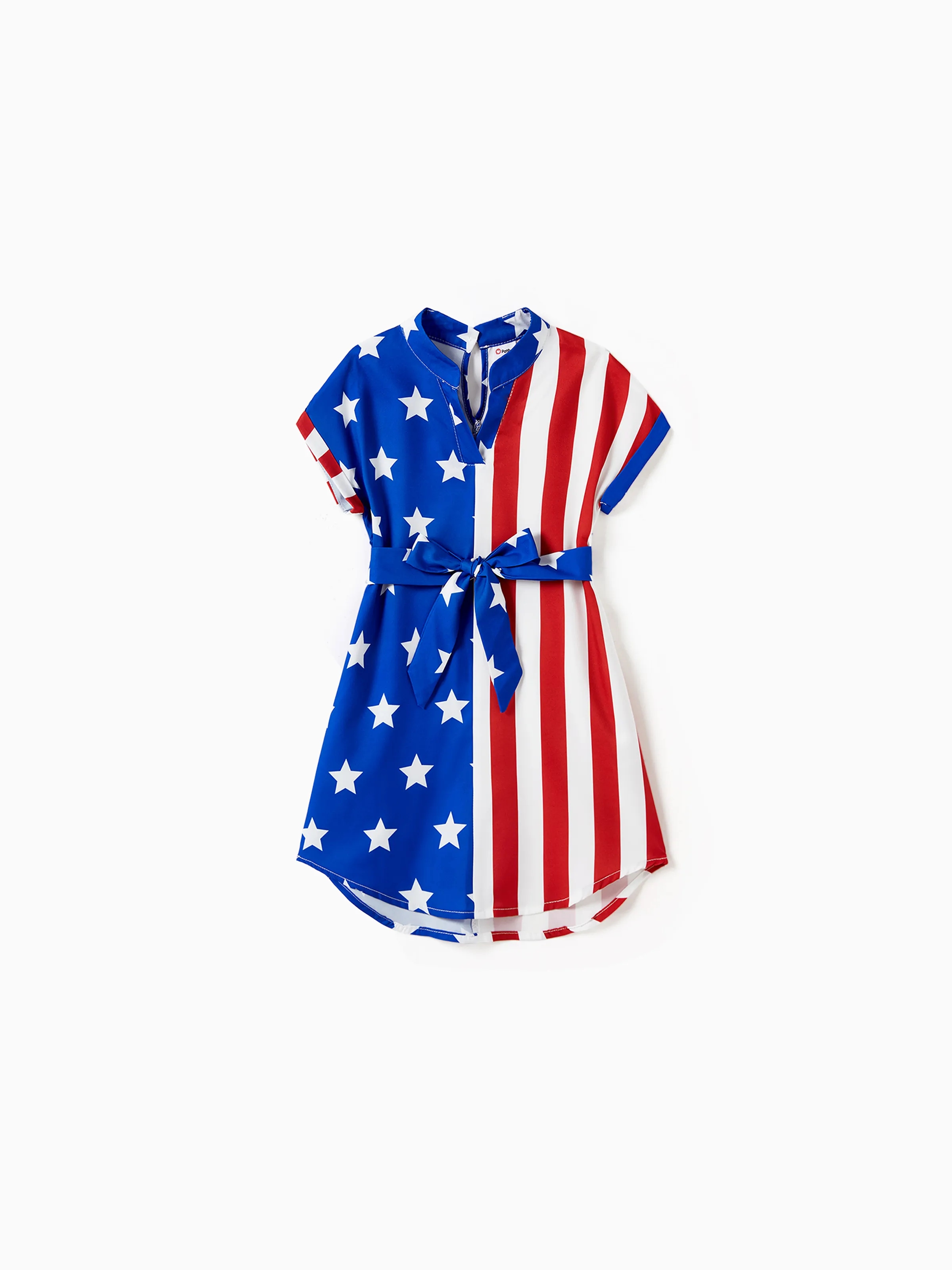 

Independence Day Family Matching Three Colors Stripe T-shirt and Notched Neck Belted Dress Sets