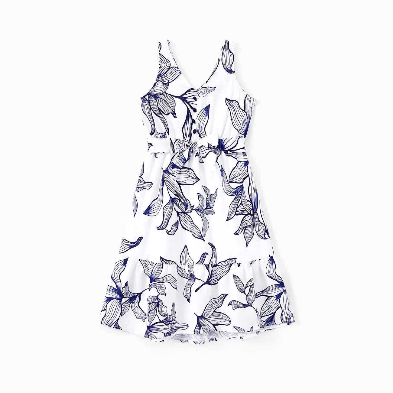 Family Matching Sets Floral Tee or V-Neck Faux Button Elastic Waist Sleeveless Dress
