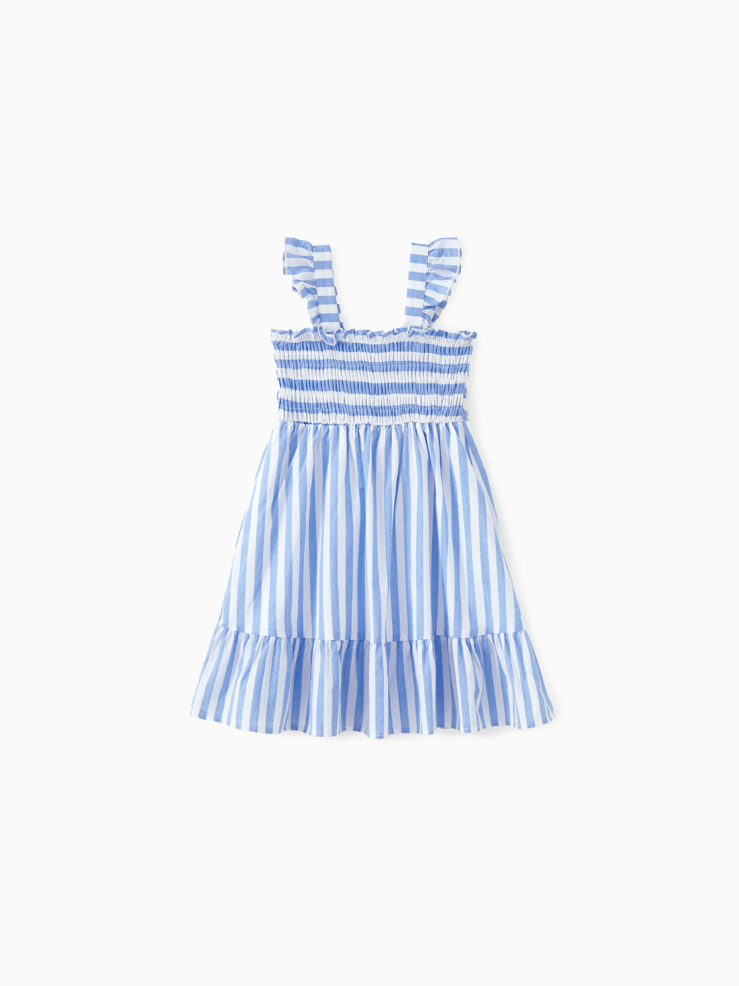 

Family Matching Sets Blue Vertical Stripe Shirt or Shirred Cross Top Off Shoulder Dress