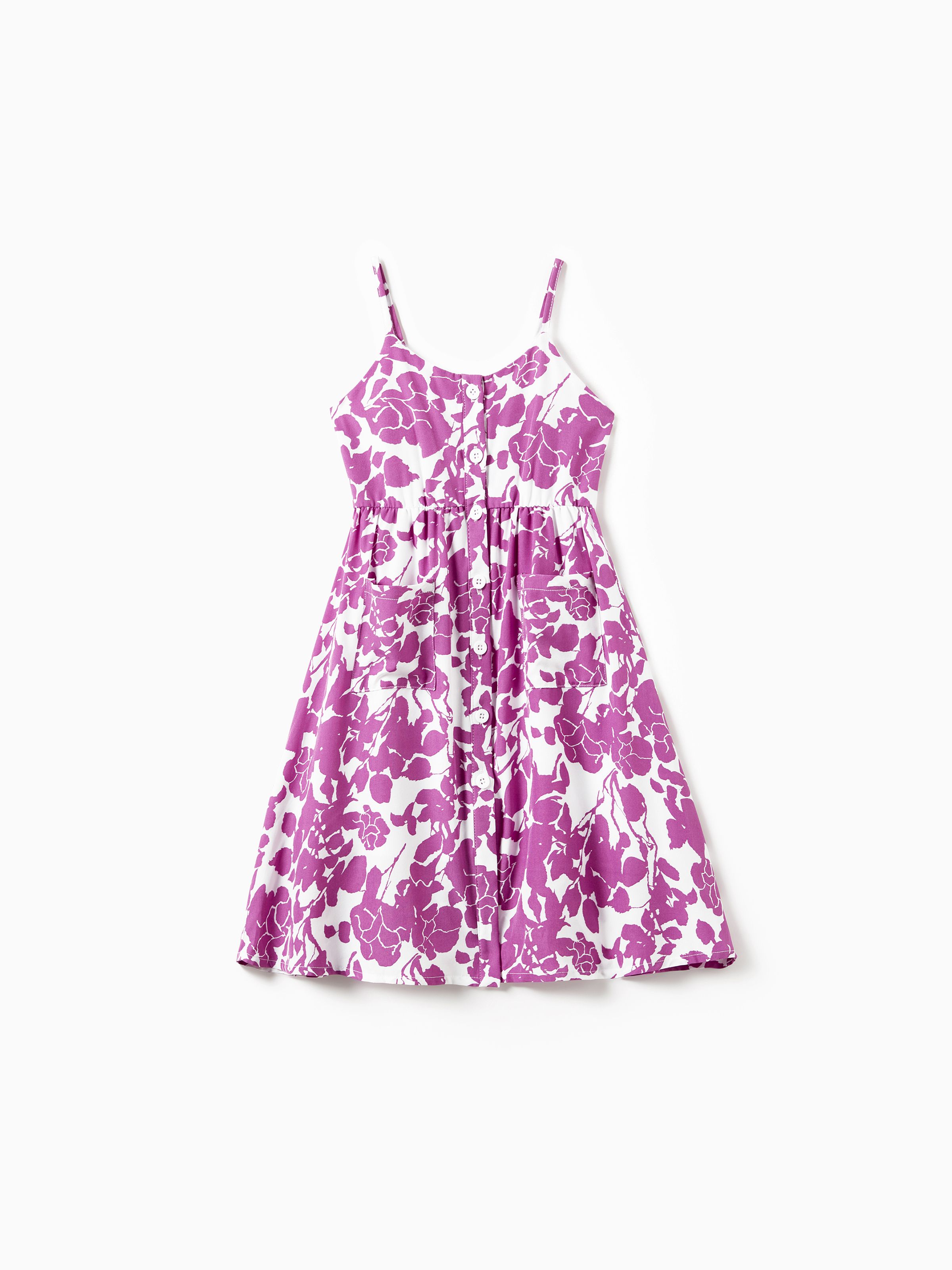 

Mommy and Me Purple Floral Button Up Strap Dresses with Pockets