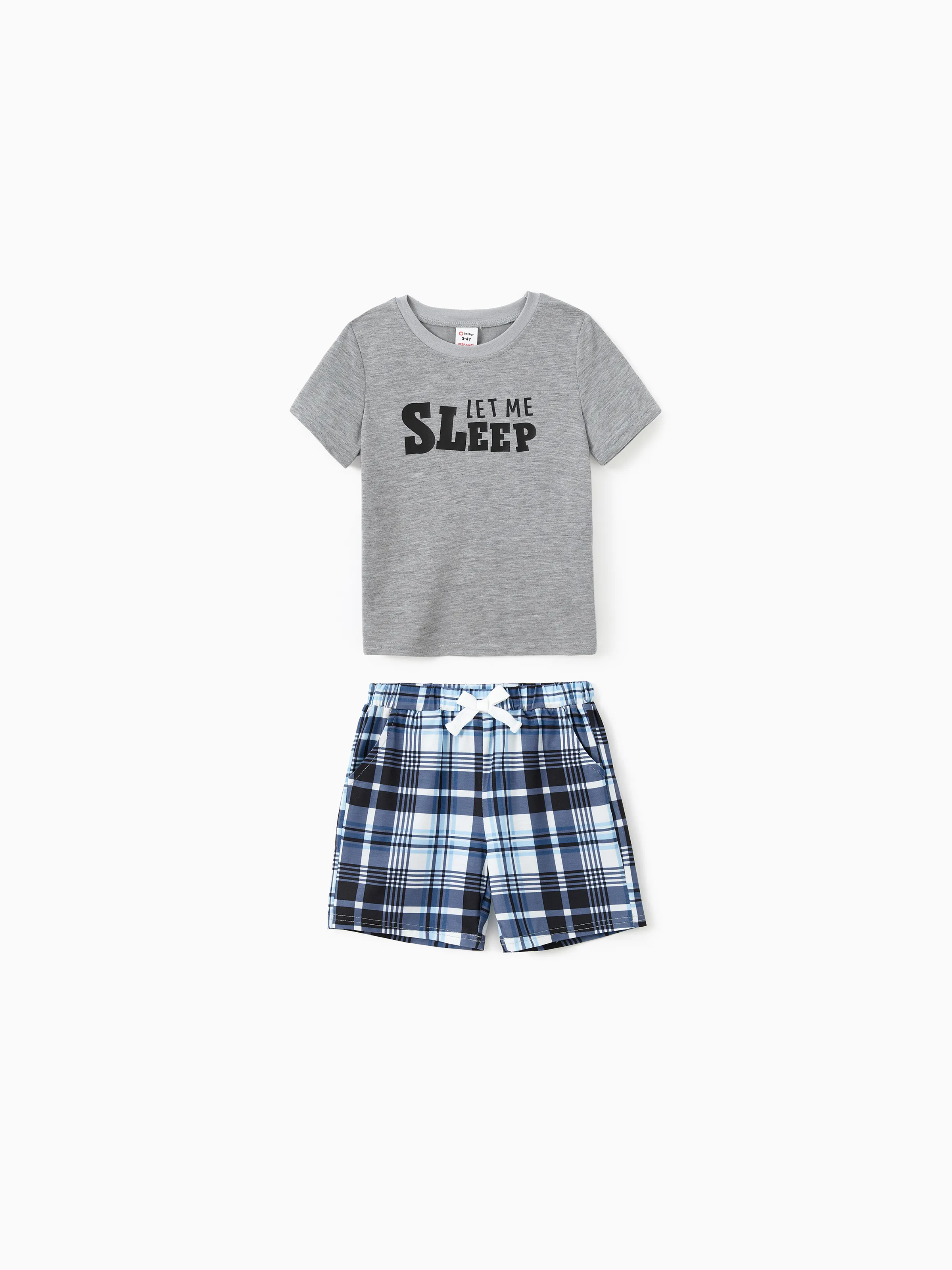 

Family Matching Pajamas Sets Let Me Sleep Slogan Print Top Blue Plaid Drawstring Shorts