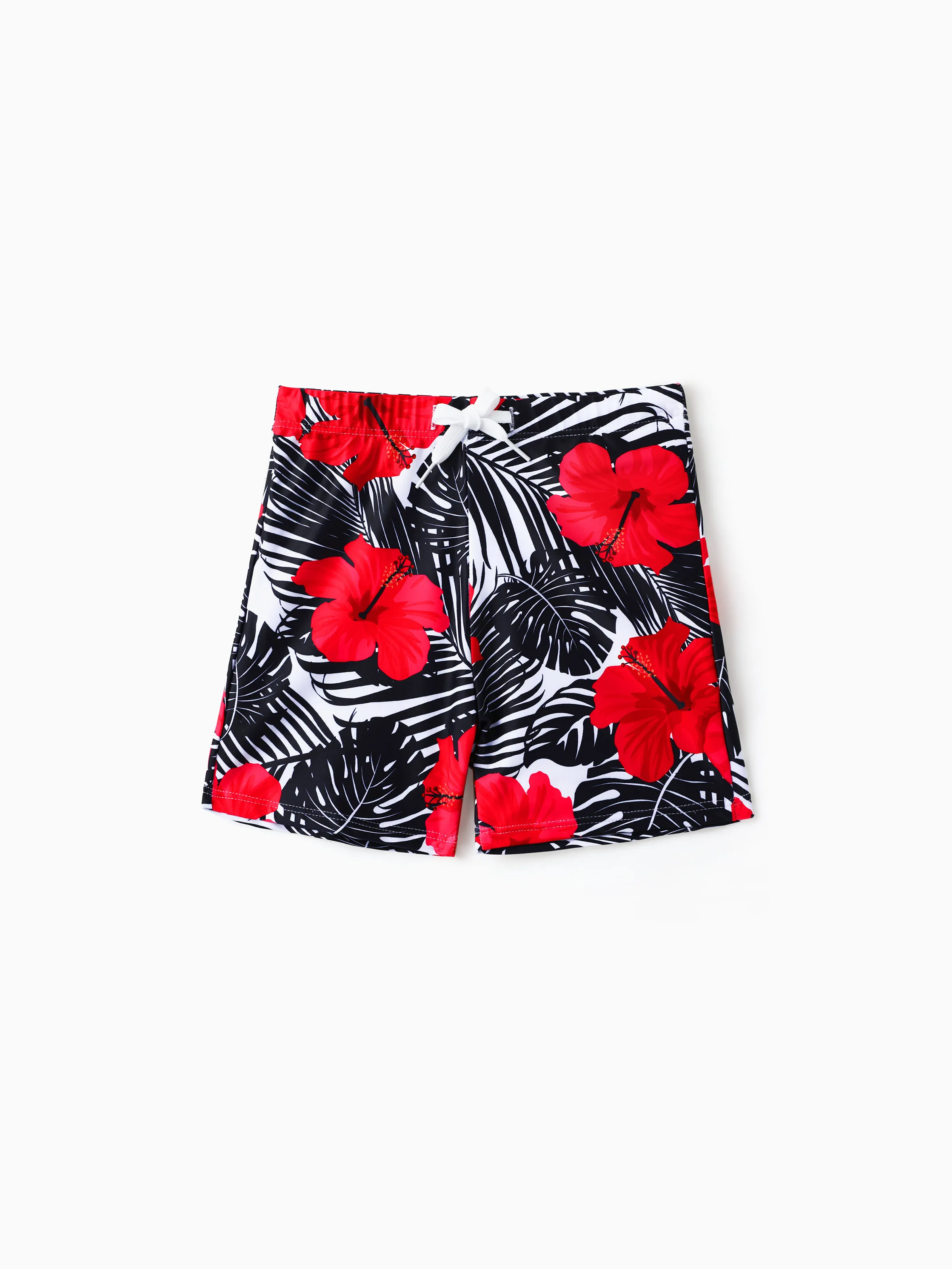

Family Matching Drawstring Swim Trunks or Red Floral Cut Out Ruffle One-Piece Swimsuit