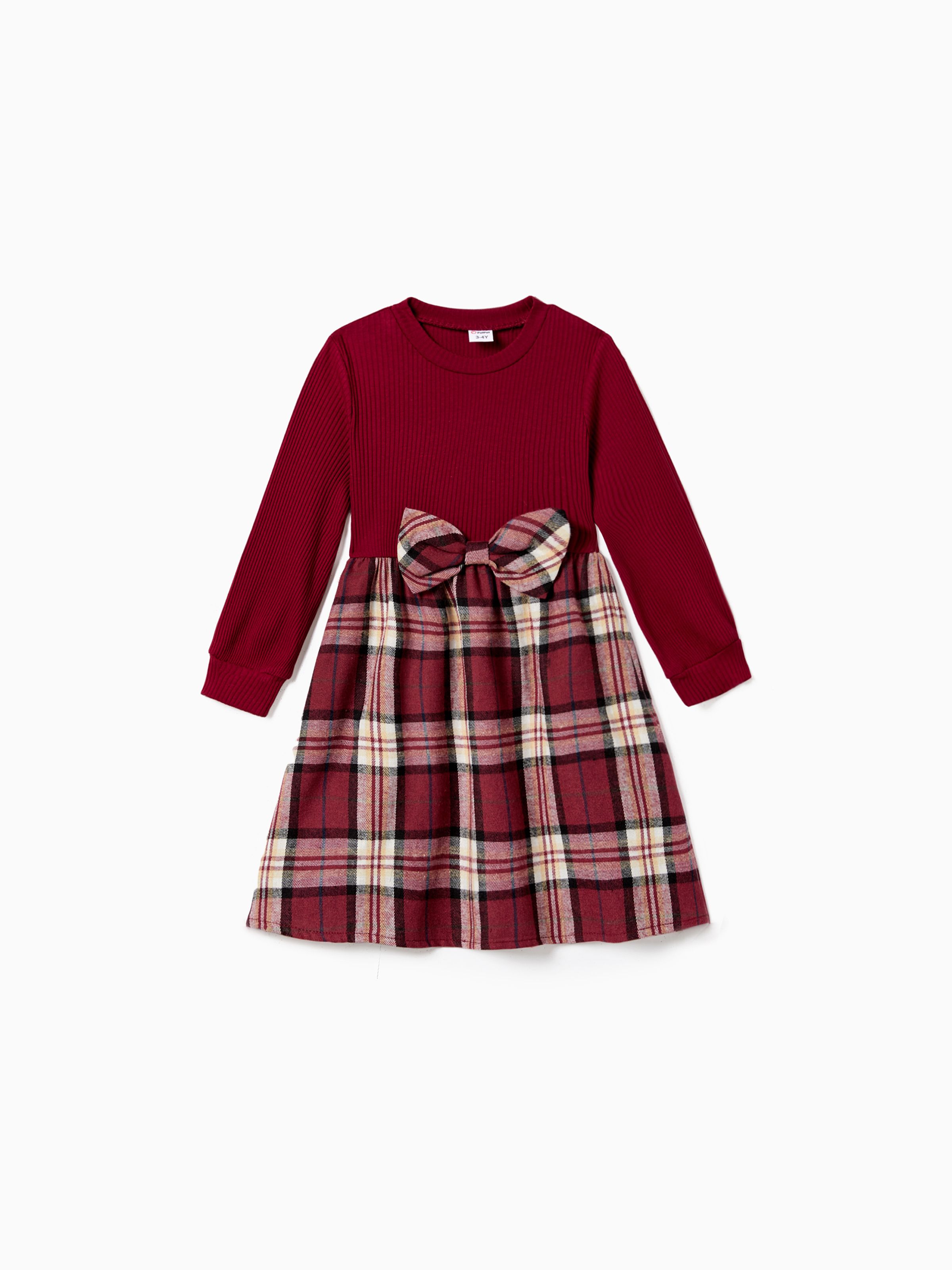 

Family Matching Casual Long-sleeve Grid/Houndstooth Patch Pocket Shirts and Fabric Splicing Belted Dresses Sets