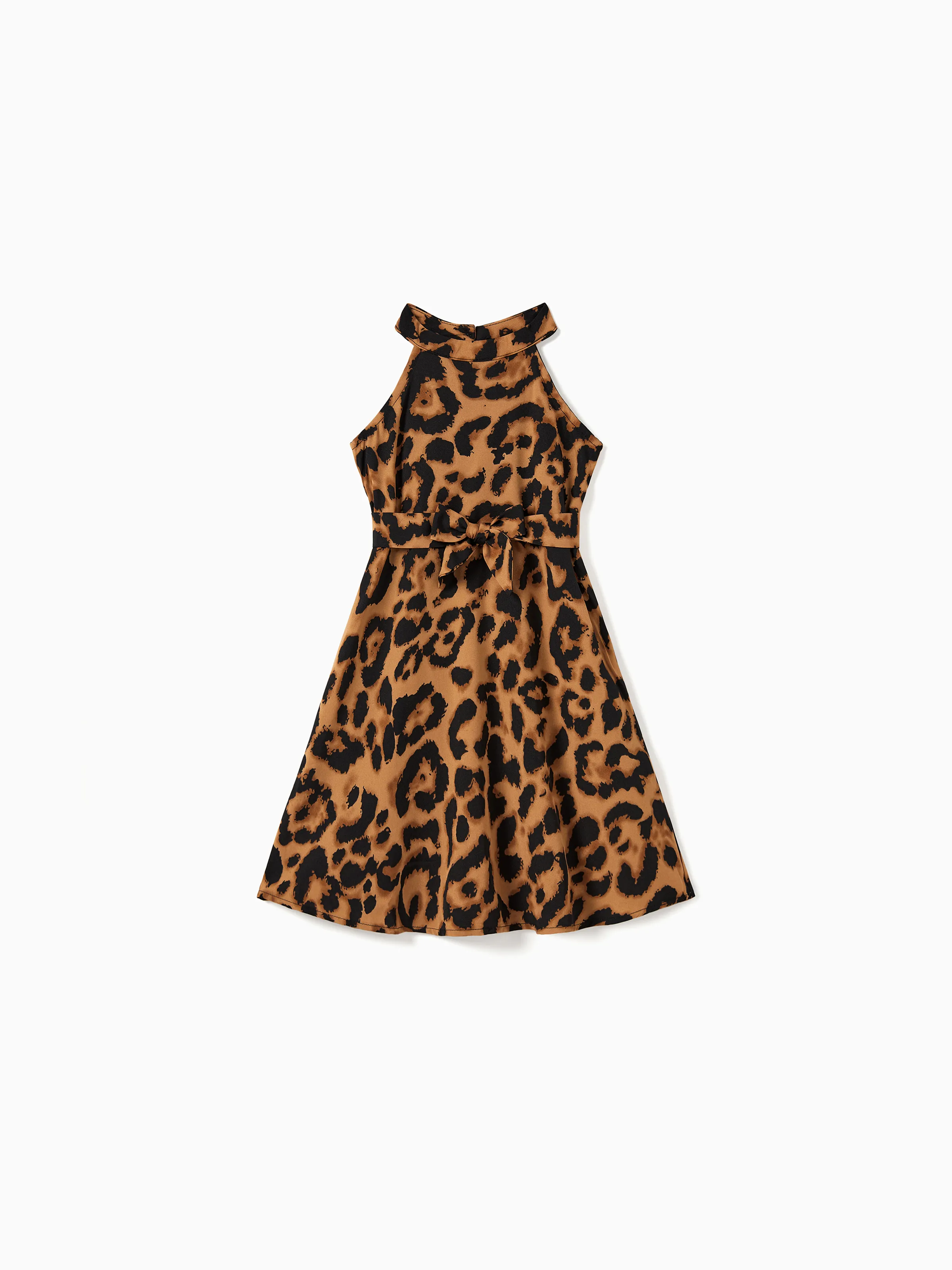 

Family Matching Black Tee and Leopard Print High Neck Halter Tie Back Dress Sets