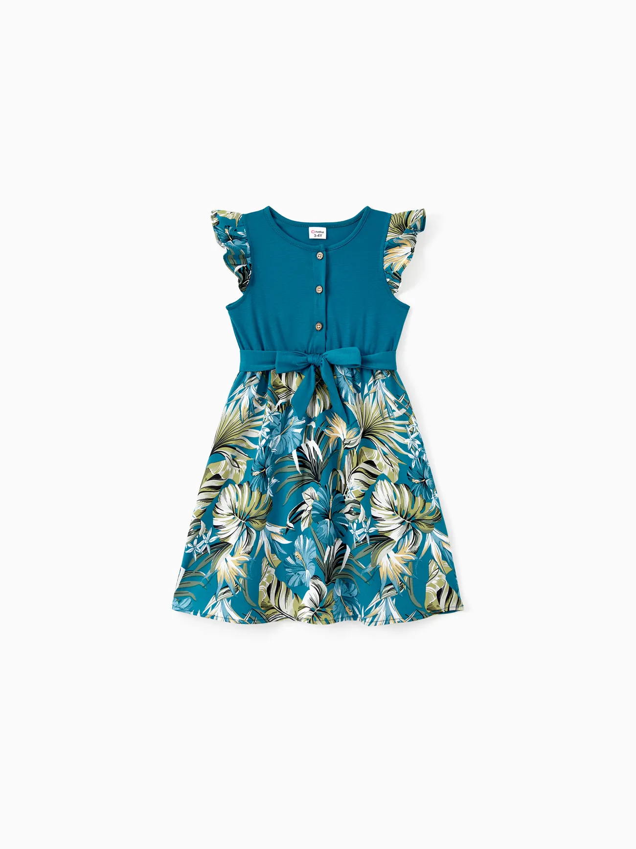 

Family Matching All Over Floral Print Blue V Neck Ruffle Dresses and Short-sleeve Splicing T-shirts Sets