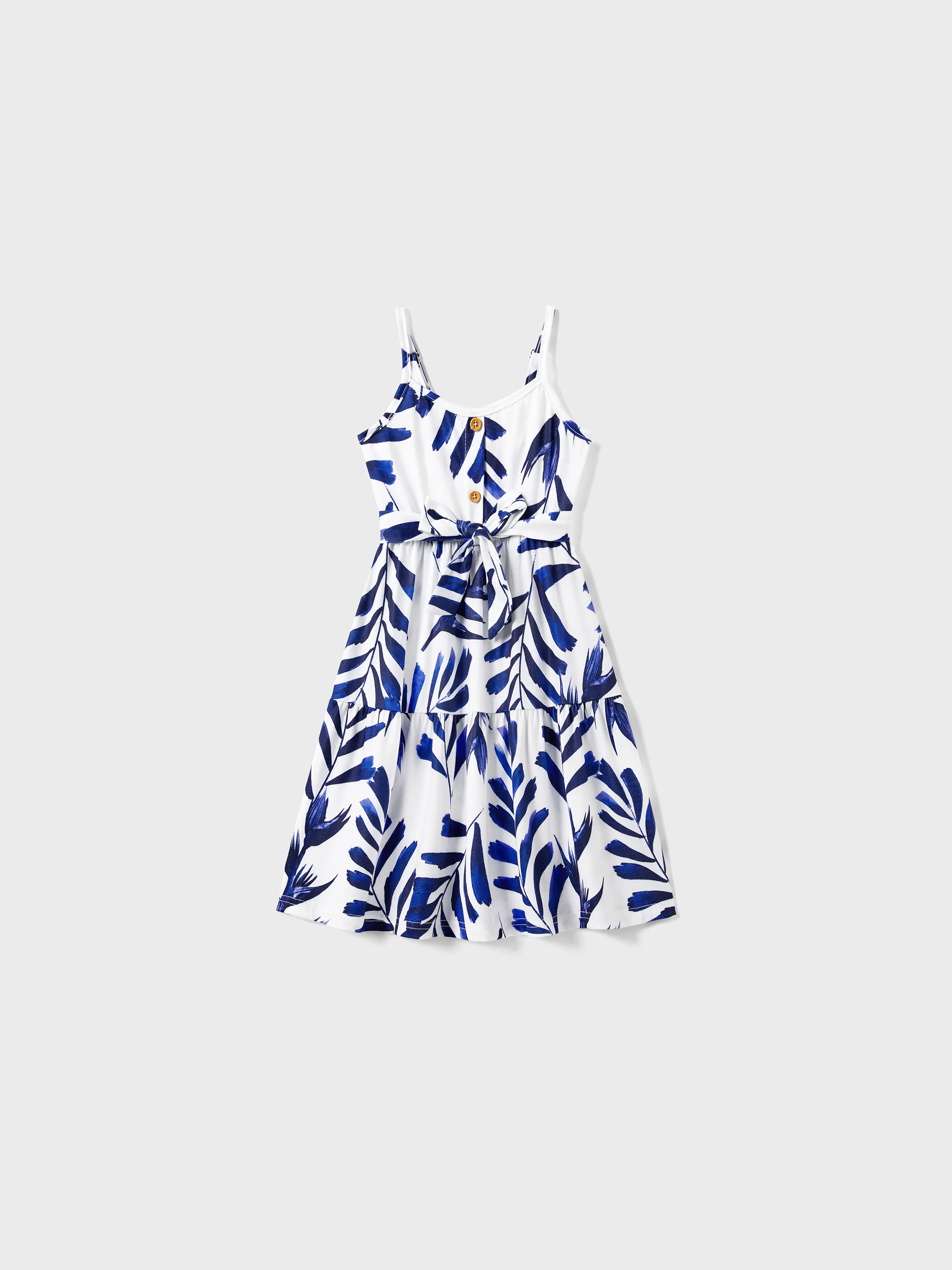 

Family Matching Modern Blue and White Botanical Leaf Design Button Strap Dress and Color Block Tee Sets