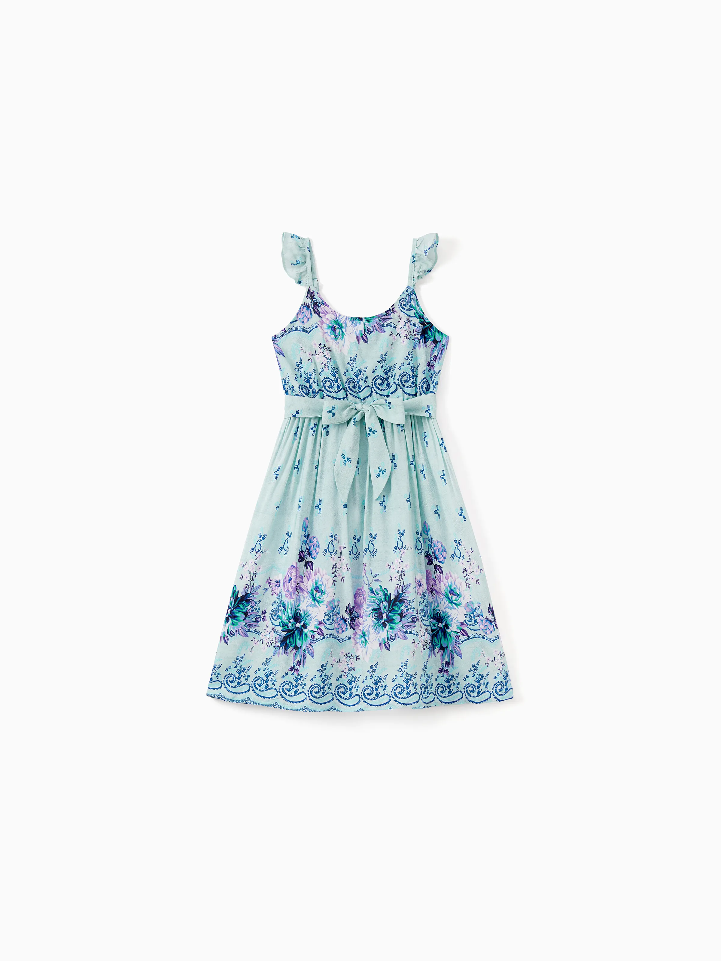 

Family Matching Light Blue Tee and Flowy Floral Shirred Back Belted Strap Dress