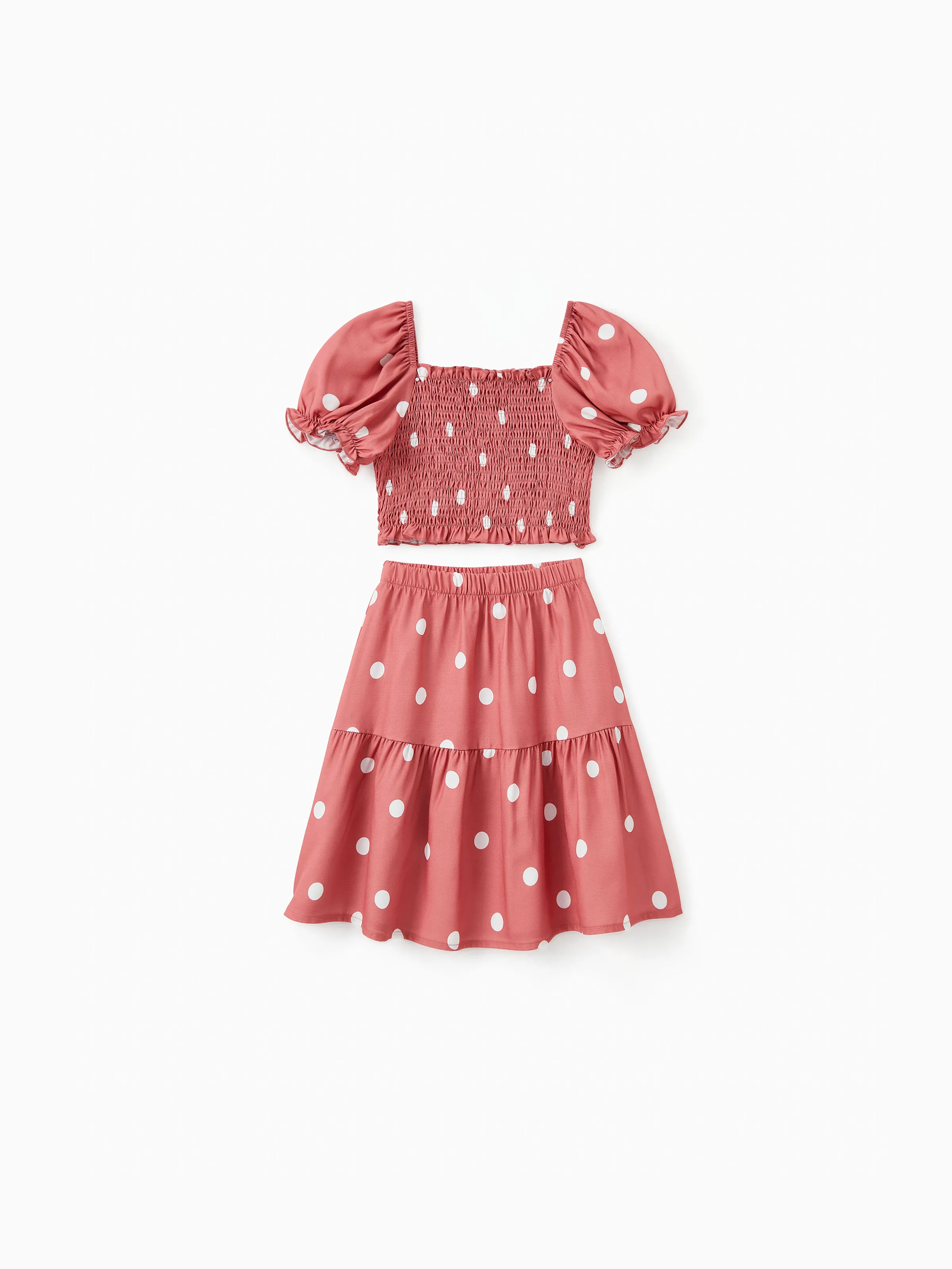 

Mommy and Me Matching Polka Dot Shirred Top and A-Line Tiered Skirt Co-ord Sets