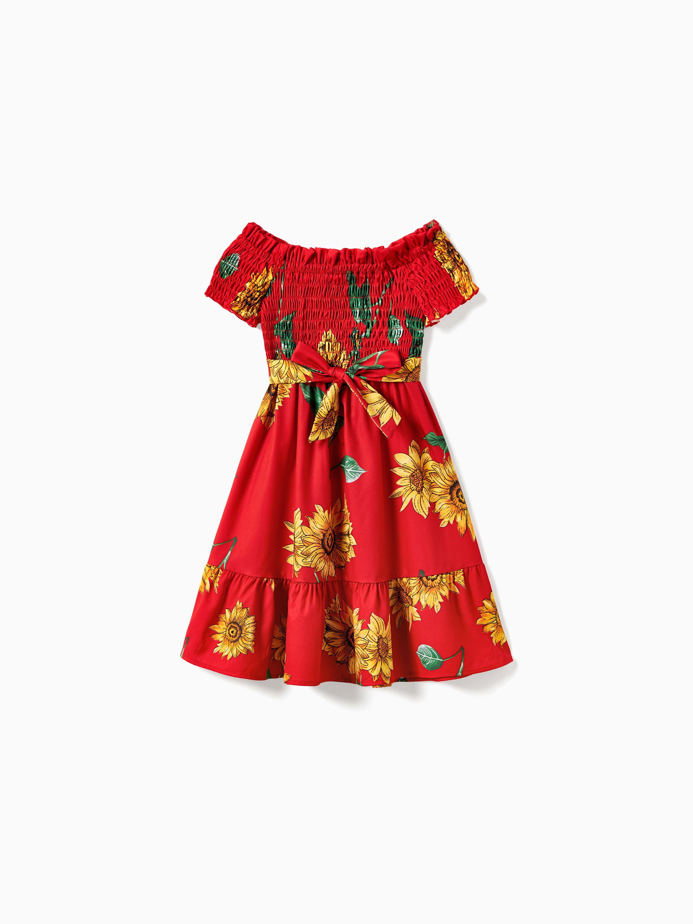 

Mommy and Me Sunflower Pattern Shirred Ruffle Hem A-Line Dress