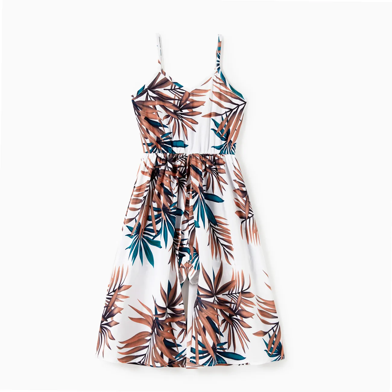 Mommy and Me Matching Leaf Pattern Spaghetti Strap Longline Romper with Skirt