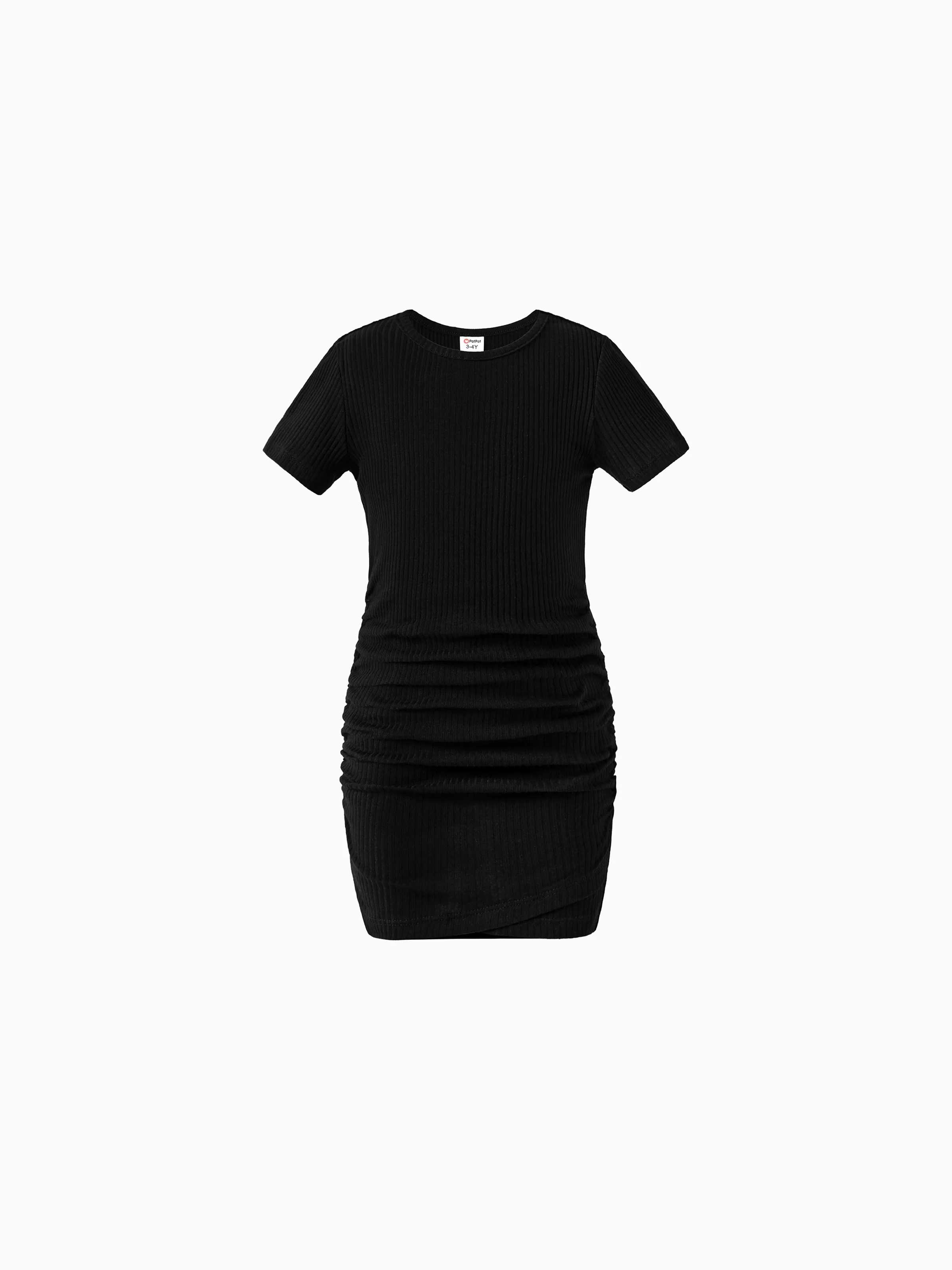 

Mommy and Me Short-Sleeve Black Ribbed Tie Neck Ruched Bodycon Dress