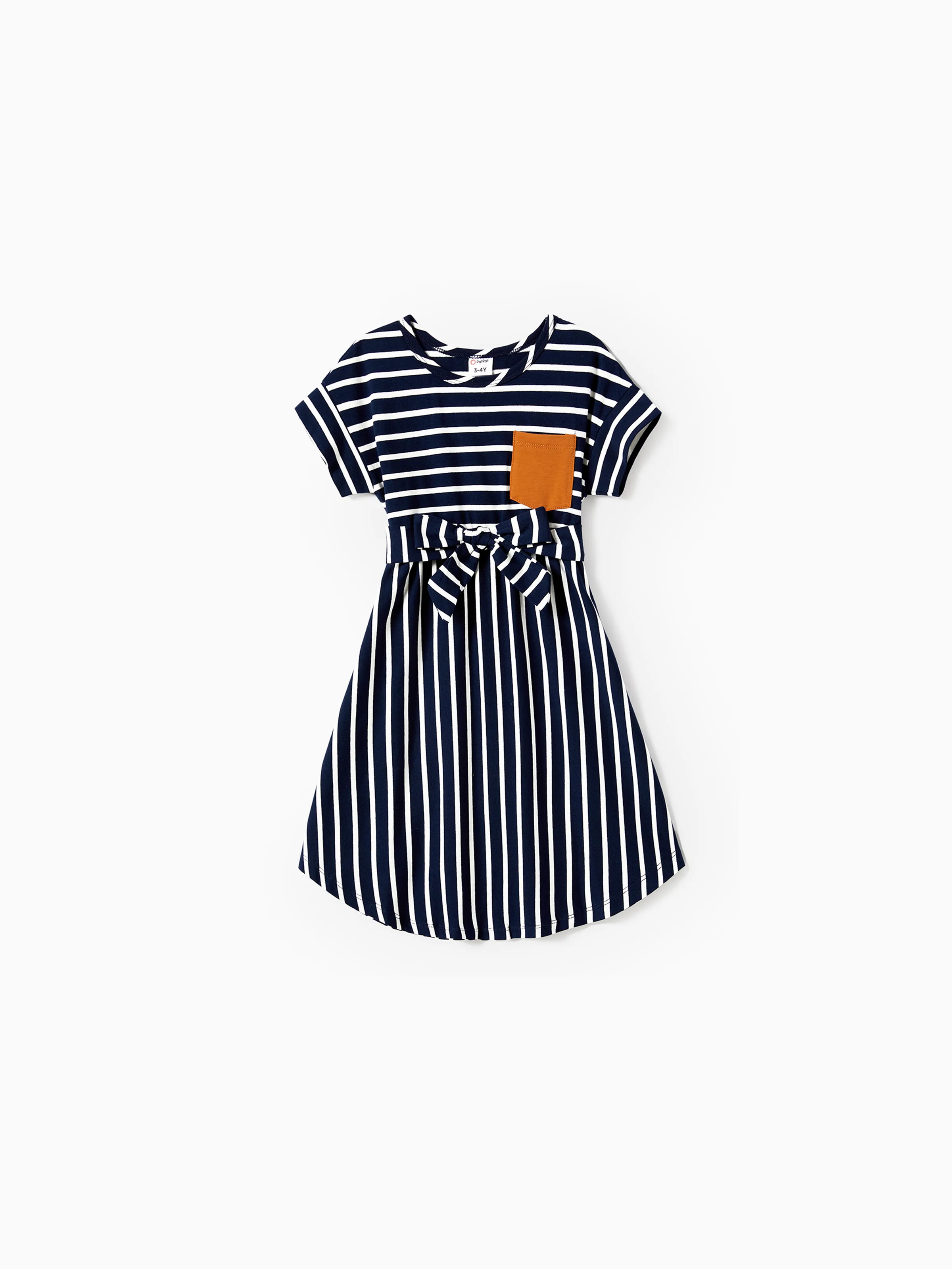 

Family Matching Stripe Patched Pocket Belted Dresses and Colorblock Striped T-shirts Sets