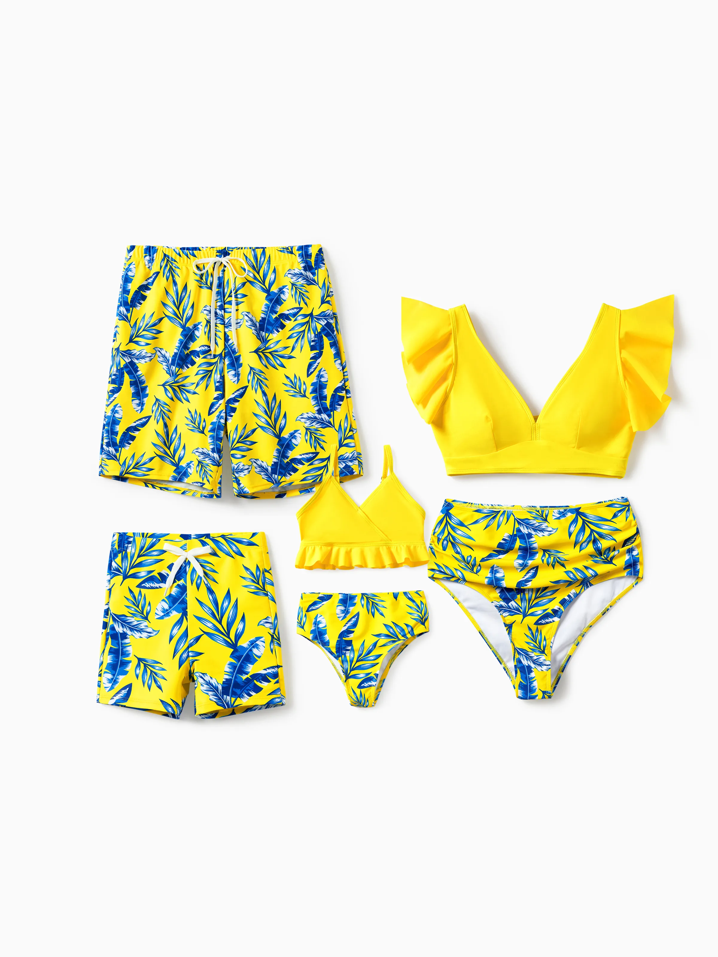 

Family Matching Yellow Leaf Print Swim Trunks or Ruched Flutter Sleeve Bikini with Optional Swim Cover Up