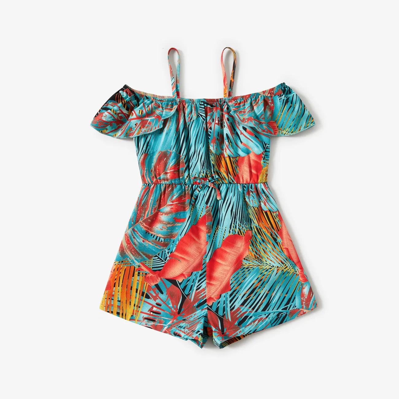 Mommy and Me Off Shoulder/Spaghetti Strap Tropical plant Pattern Floral Rompers